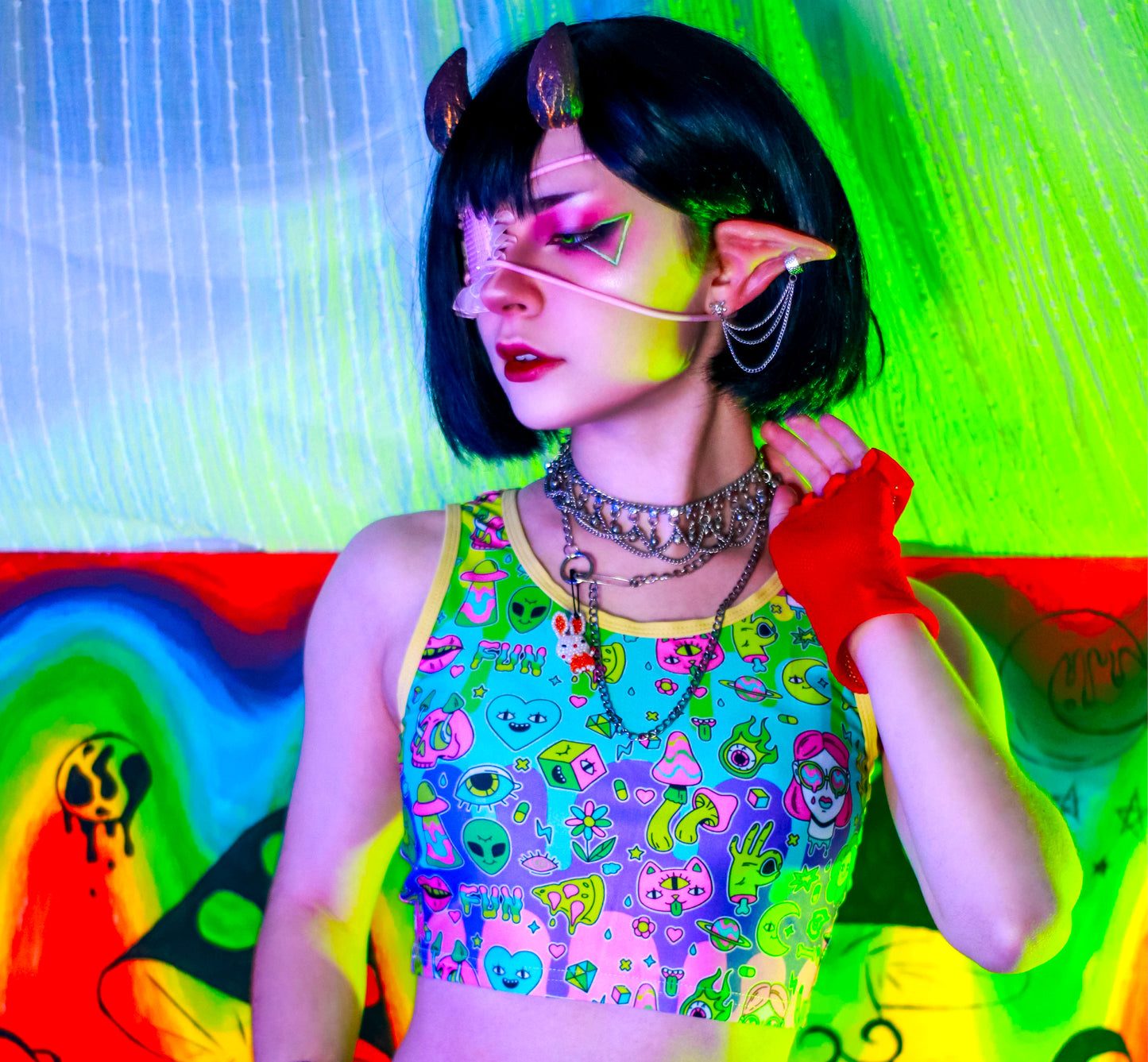 Model dressed in colorful Decora Kei and Kidcore fashion with vibrant colours