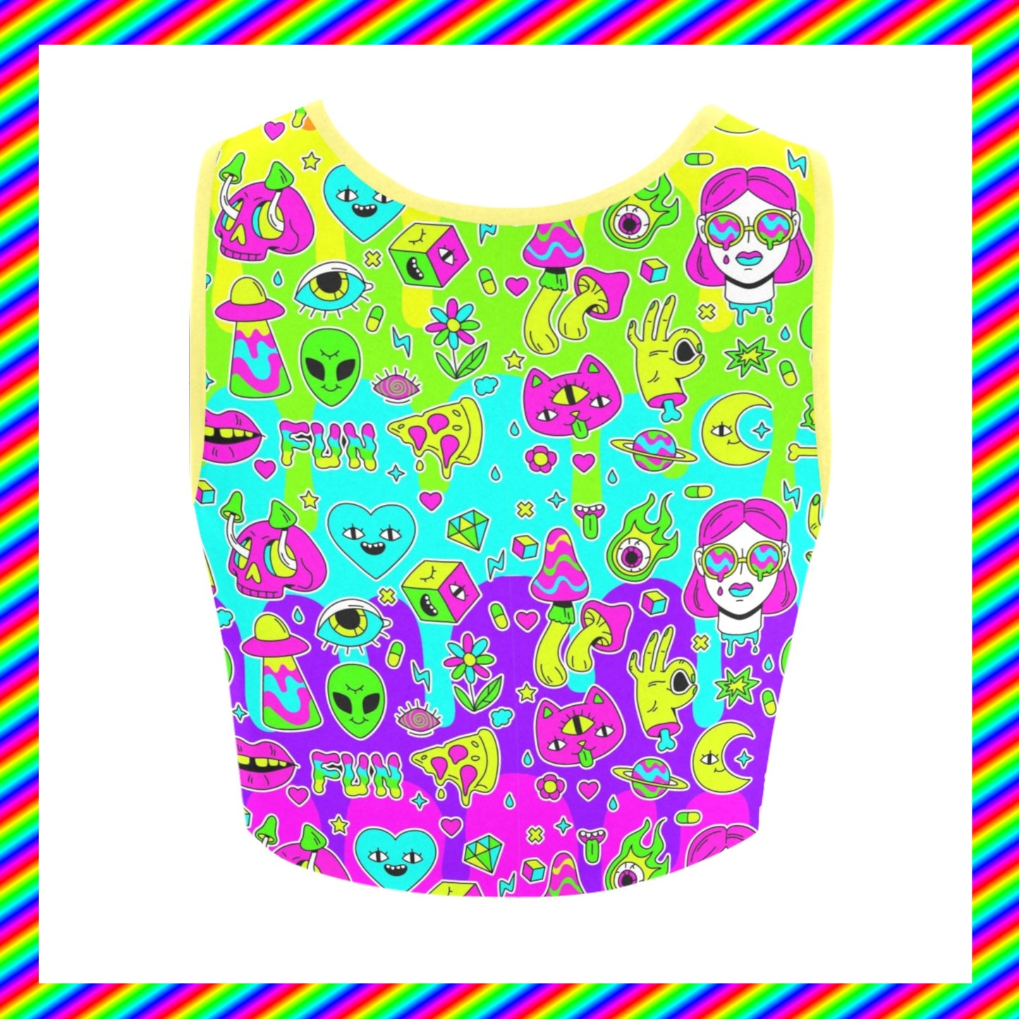 Yume Kawaii Rainbowcore trippy rave croptop decora kei displayed on a white background