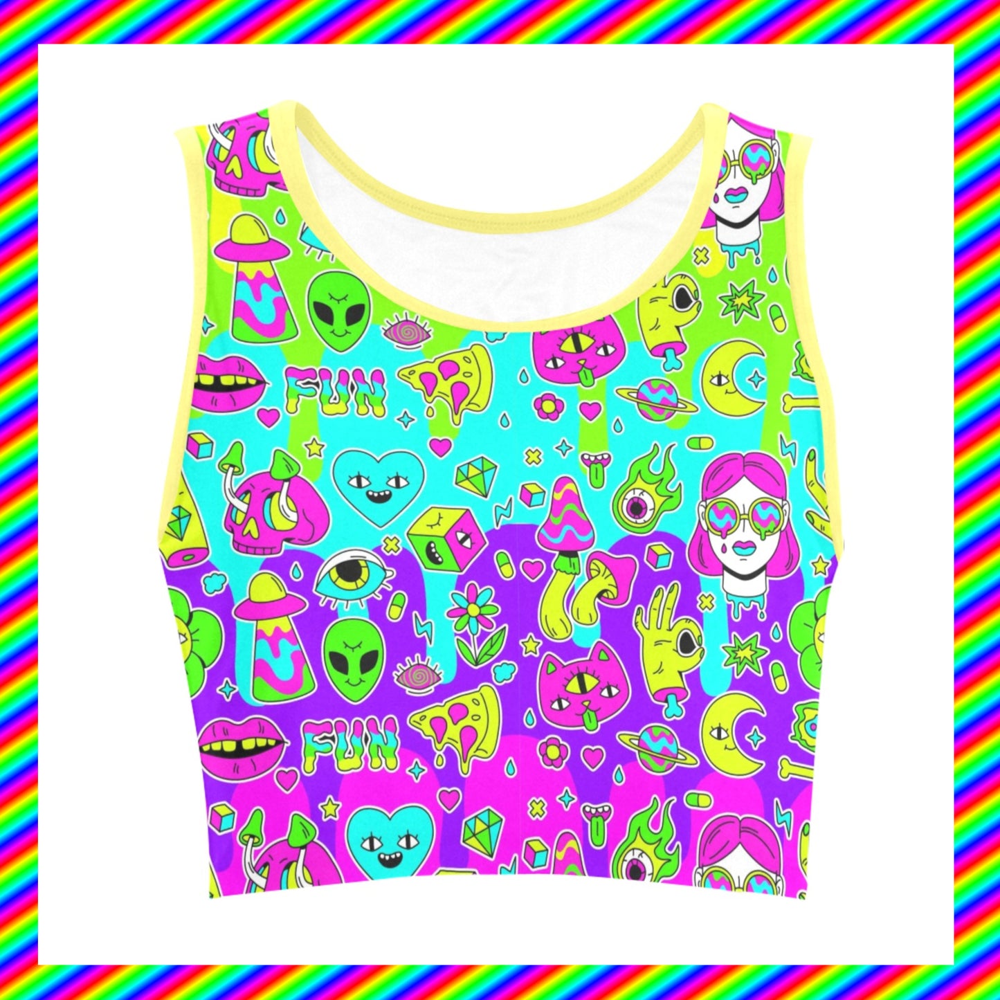 Yume Kawaii Rainbowcore trippy rave croptop decora kei displayed on a white background