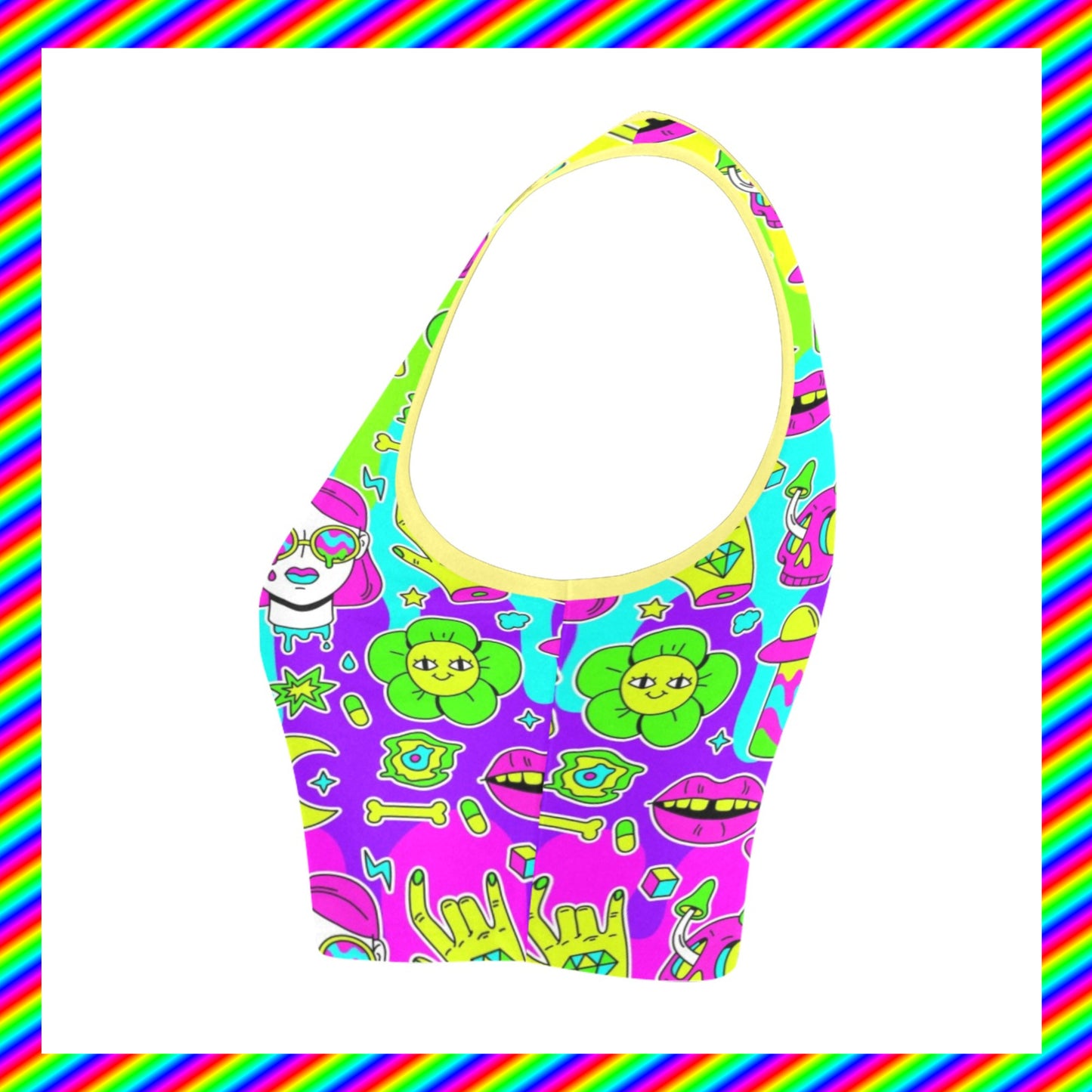 Yume Kawaii Rainbowcore trippy rave croptop decora kei displayed on a white background