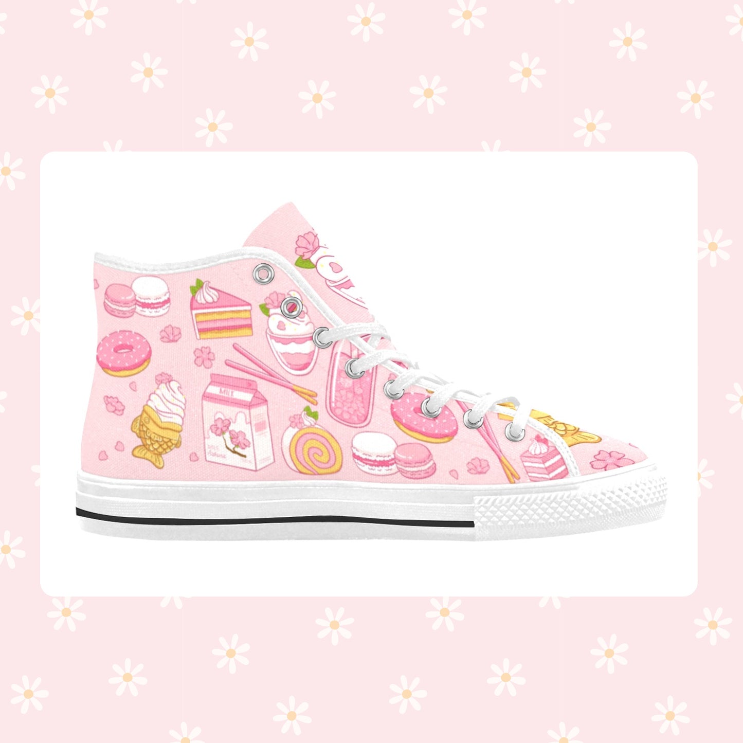 Close-up of cute pastel-colored shoes with decorative elements, displayed on a smooth white surface