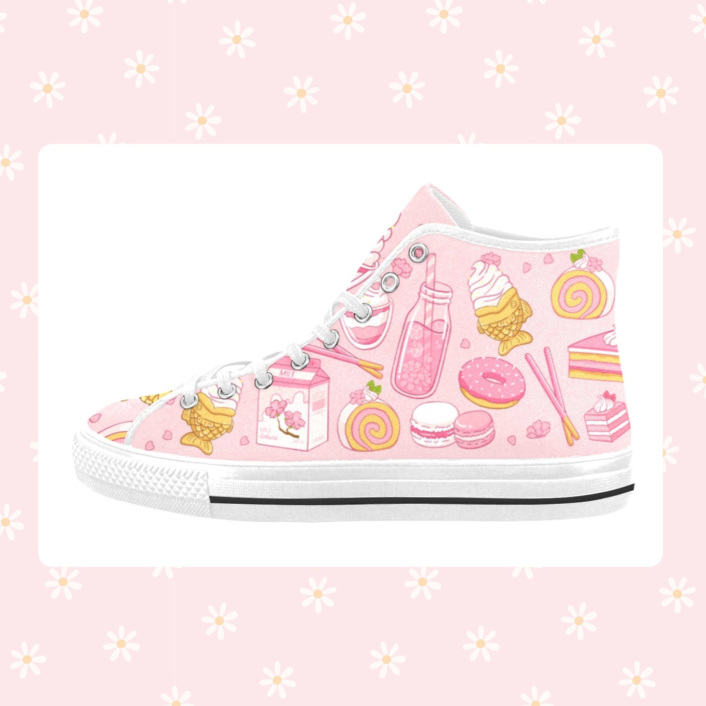 Close-up of cute pastel-colored shoes with decorative elements, displayed on a smooth white surface