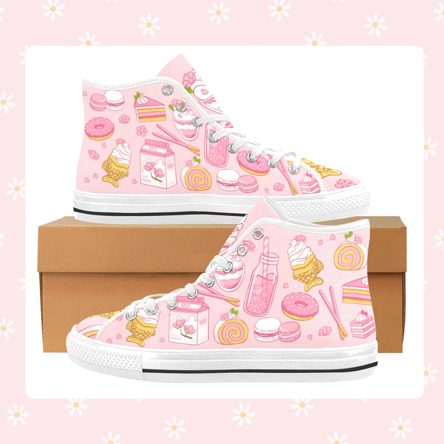 Close-up of cute pastel-colored shoes with decorative elements, displayed on a smooth white surface