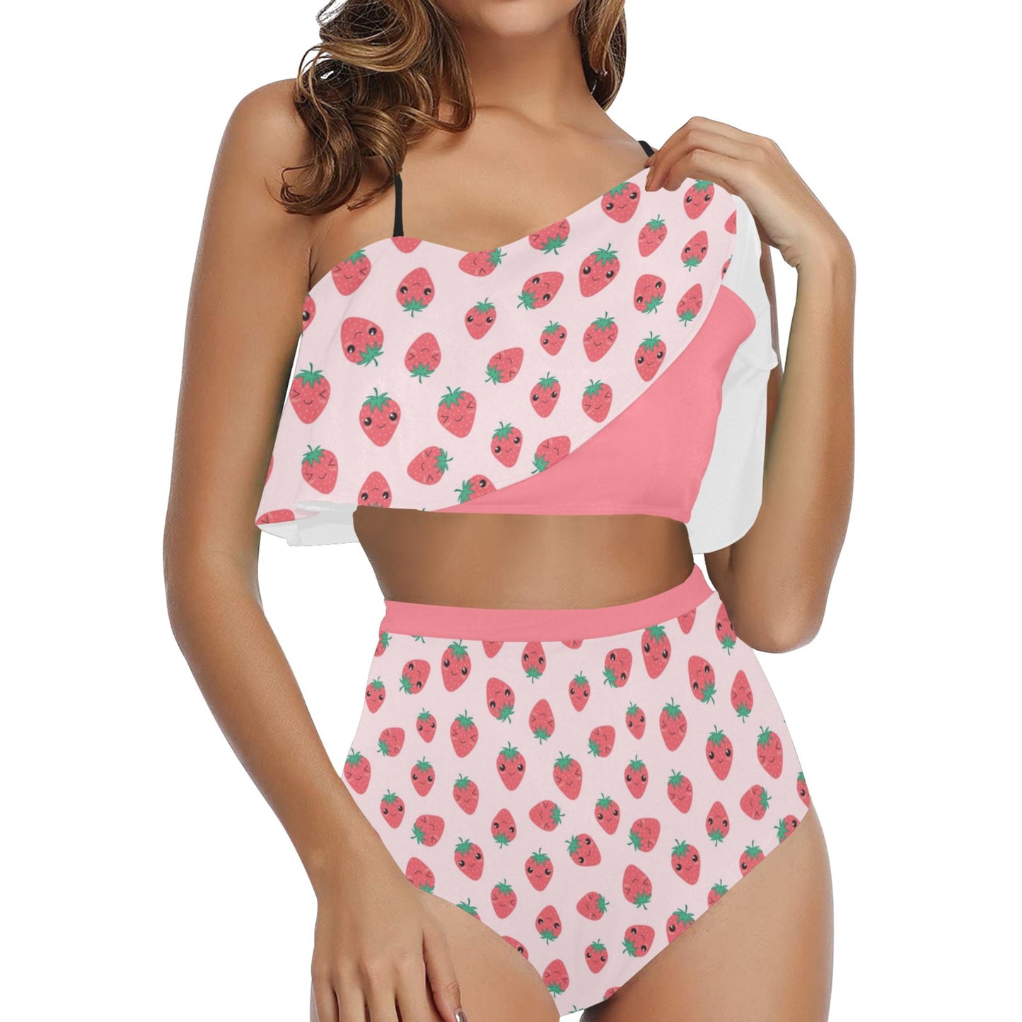 Yume Kawaii Strawberry High Waisted Flounce Bikini Set displayed on a clean background