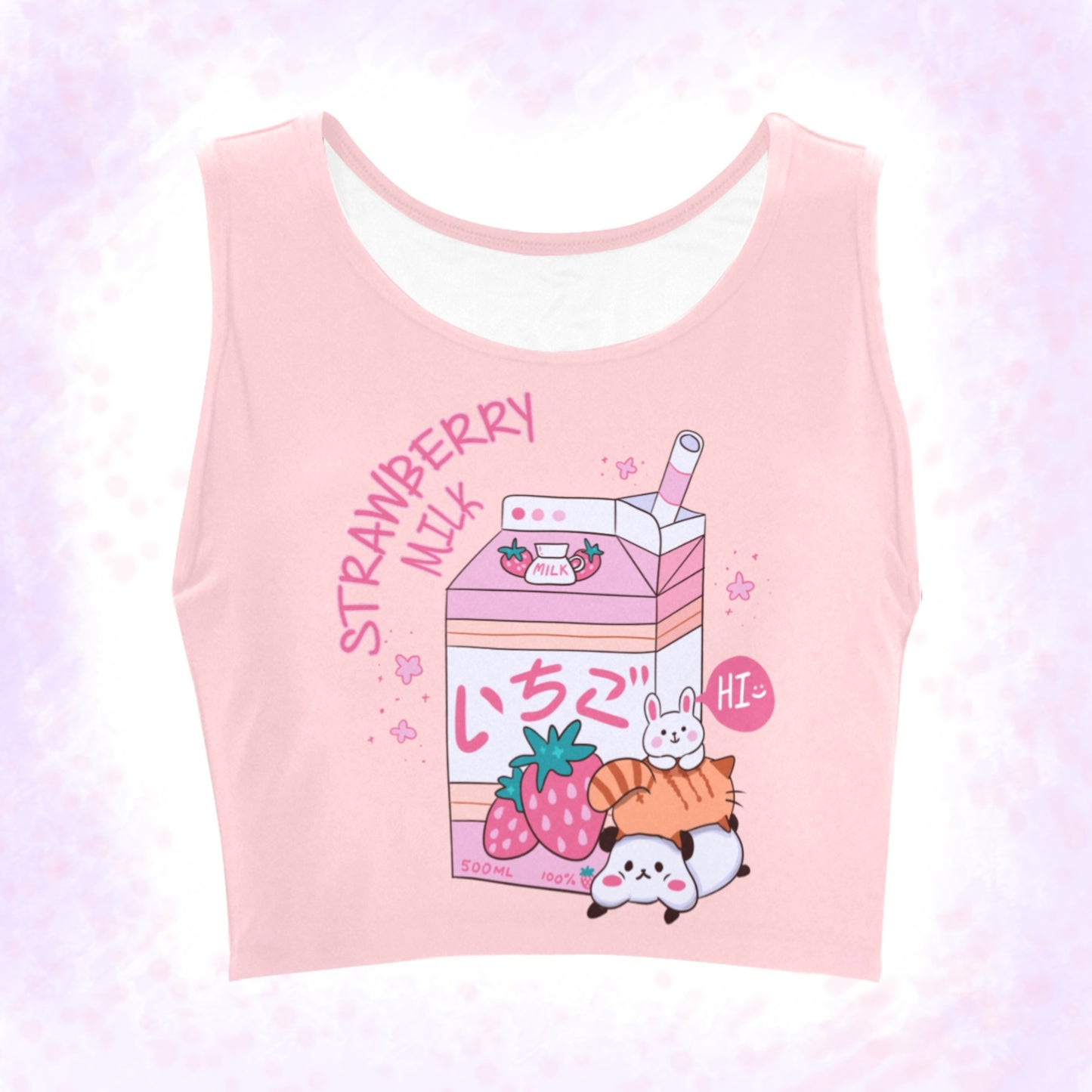 Yume Kawaii Strawberry Milk Pink Crop Top displayed on coloured background