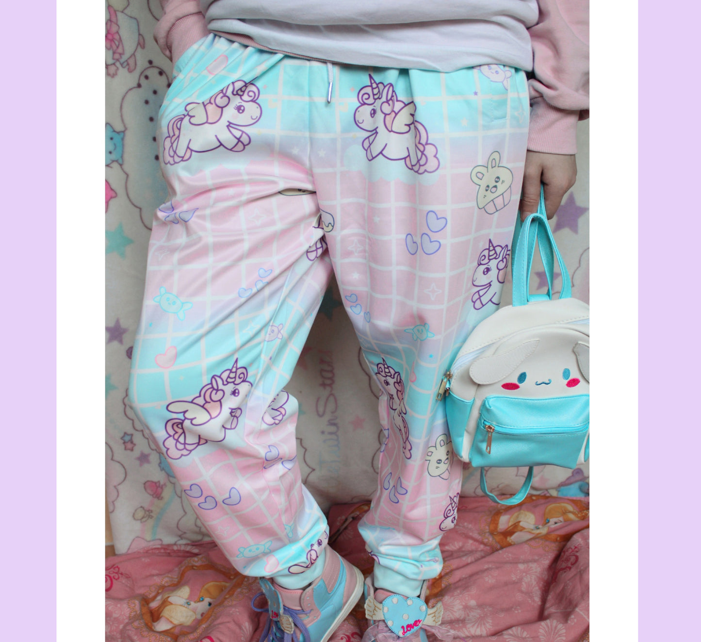 model wearing Yume Kawaii Unicorn Jogger Pants Fairy Kei jogger pants