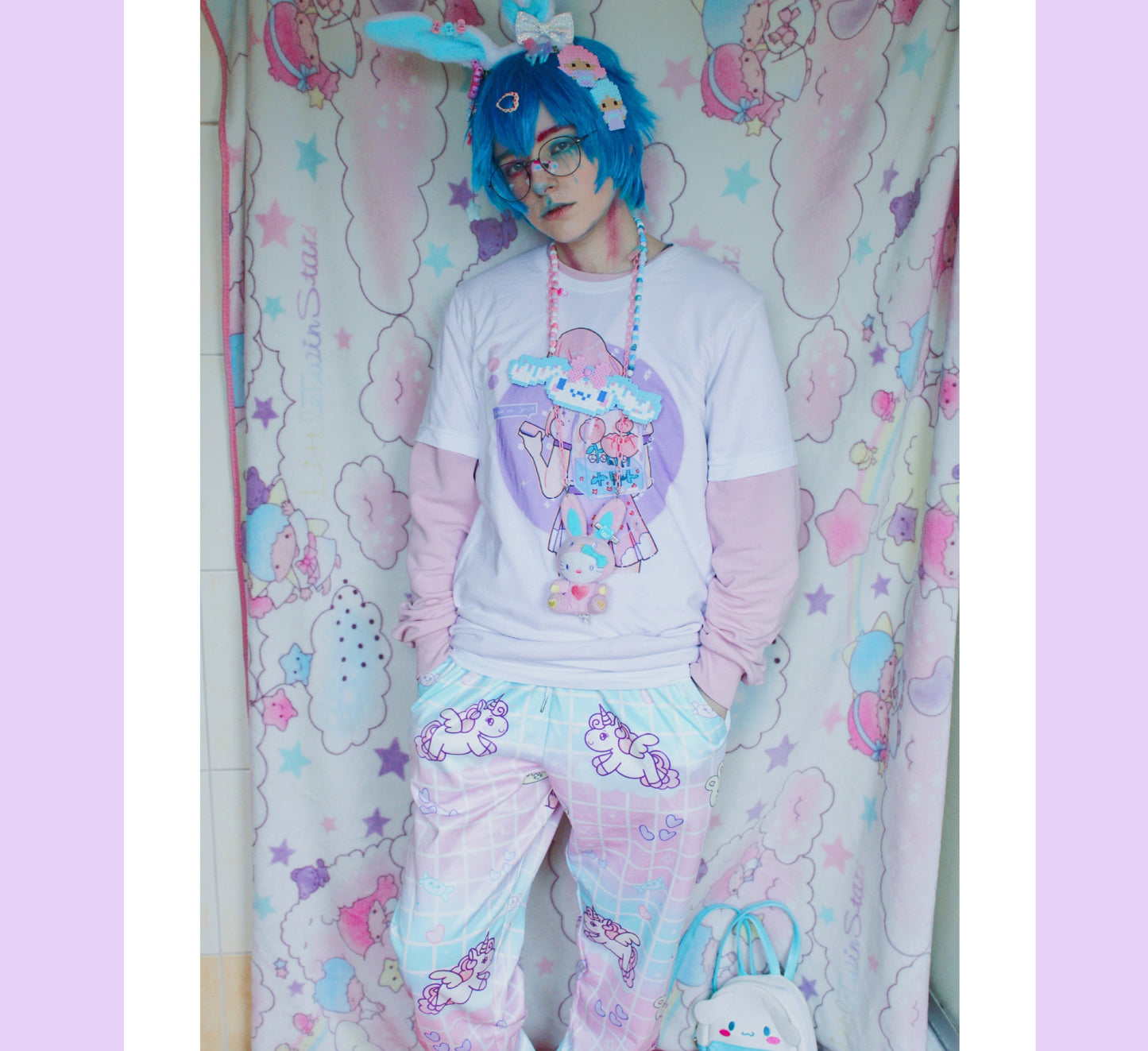 model wearing Yume Kawaii Unicorn Jogger Pants Fairy Kei jogger pants