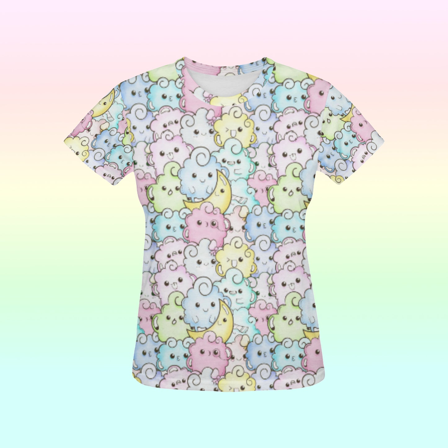 multicolour pastel kawaii t-shirt displayed on pink background.