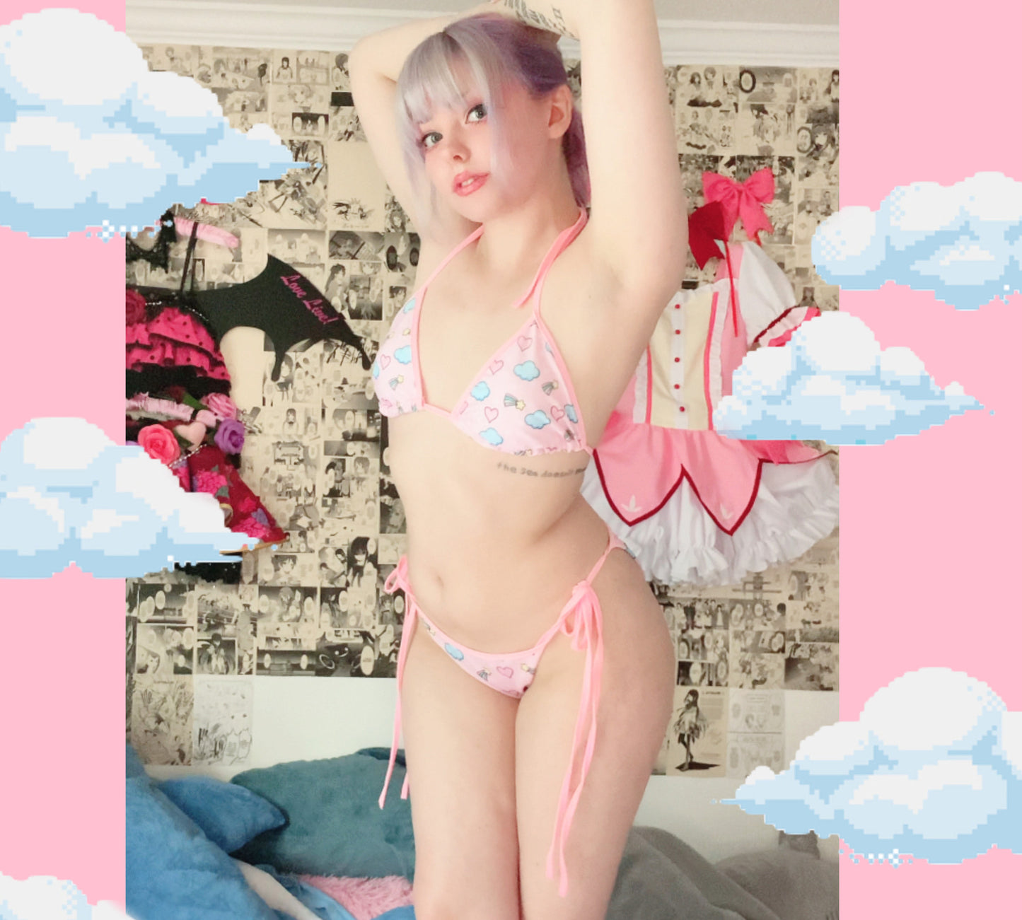 Model wearing Yume Kawaii hearts and cloud Bikini Set