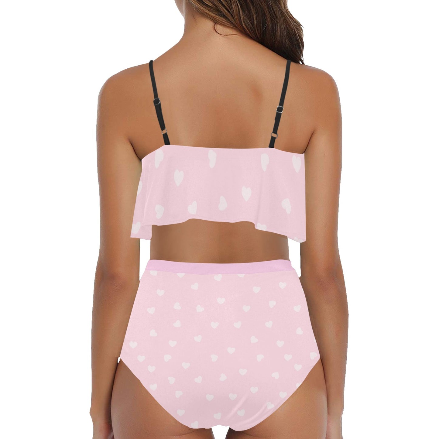 Model wearing Yume Kawaii pink hearts founce High Waisted Flounce Bikini Set