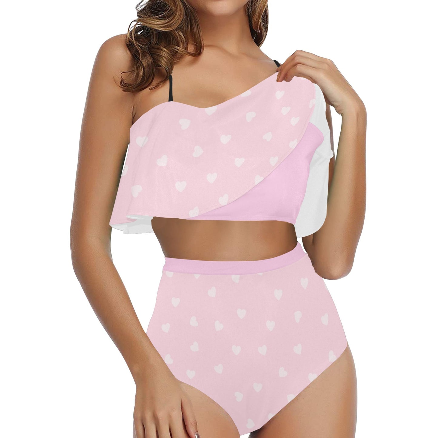 Model wearing Yume Kawaii pink hearts founce High Waisted Flounce Bikini Set
