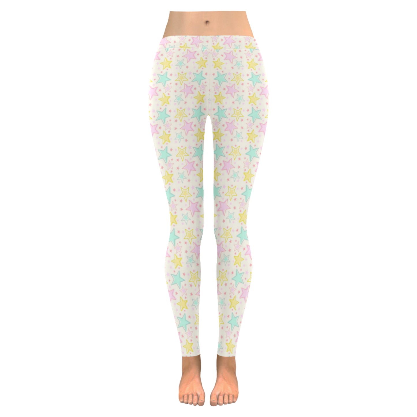 Youthful model wearing cute Yume Kawaii star leggings in pastel colours on white background