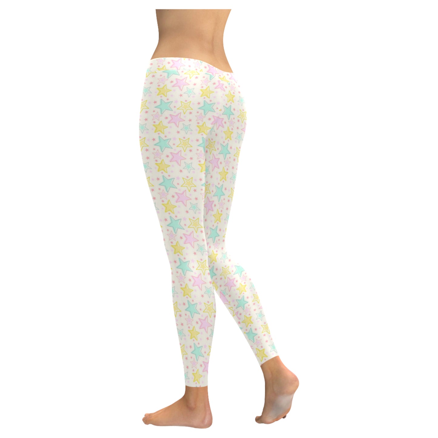 Youthful model wearing cute Yume Kawaii star leggings in pastel colours on white background
