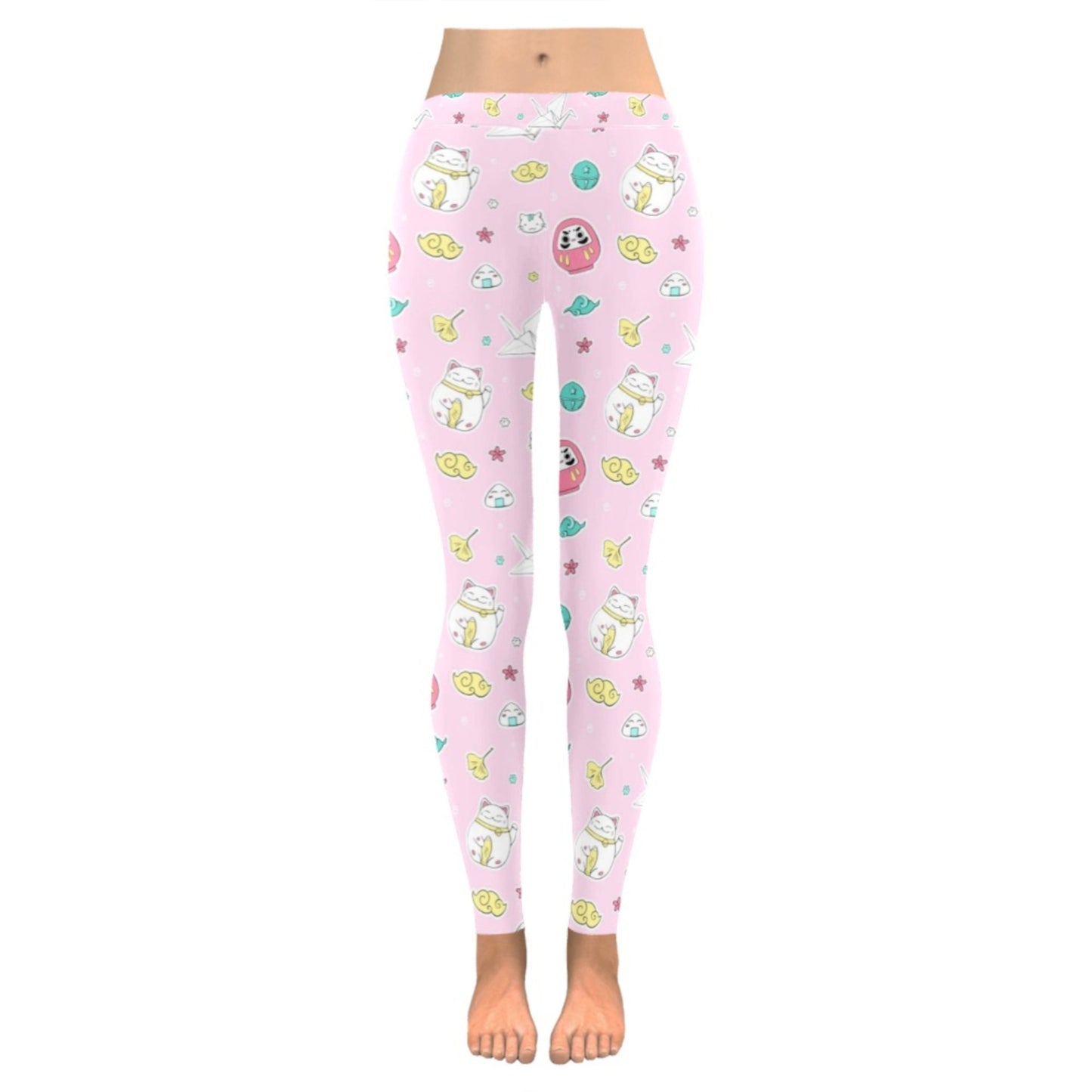 Pink pastel kawaii leggings displayed on clean white background.