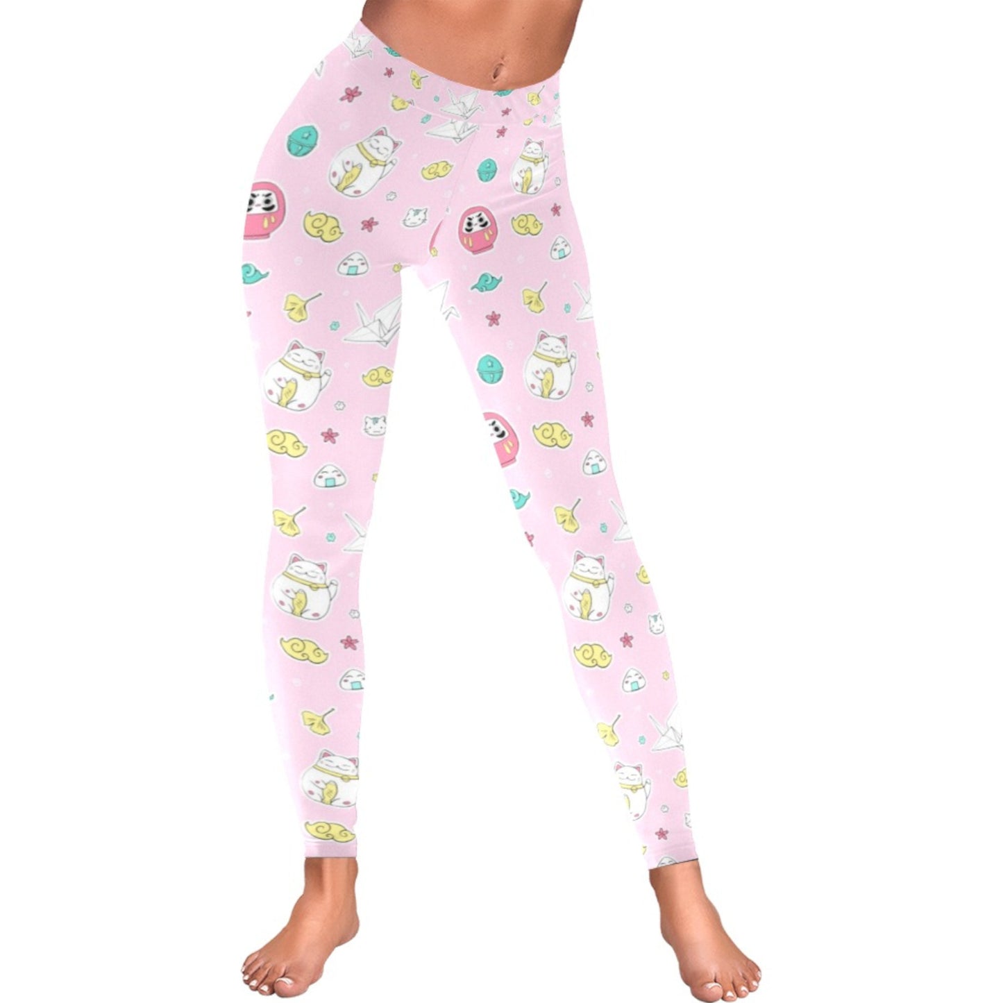 Pink pastel kawaii leggings displayed on clean white background.