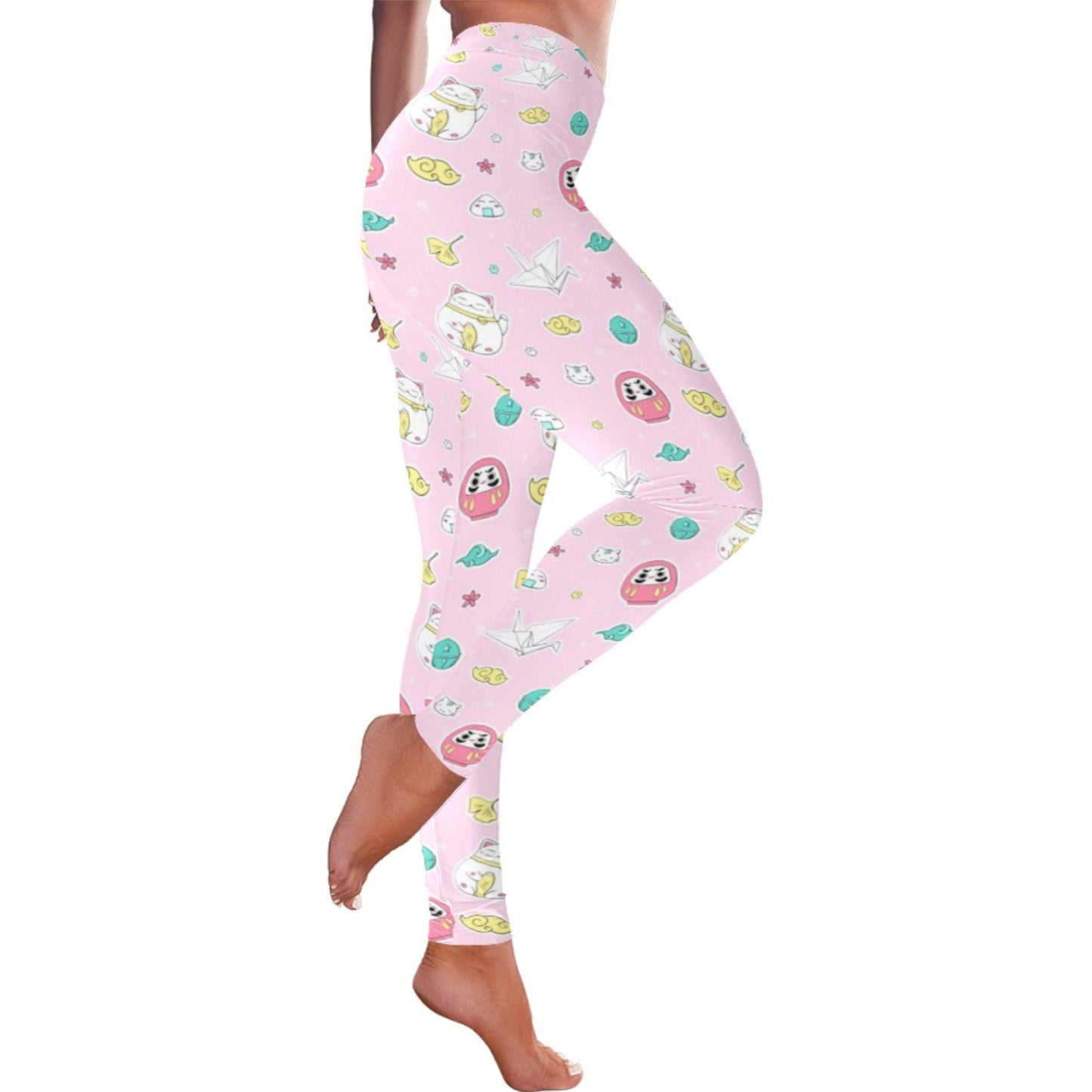 Pink pastel kawaii leggings displayed on clean white background.