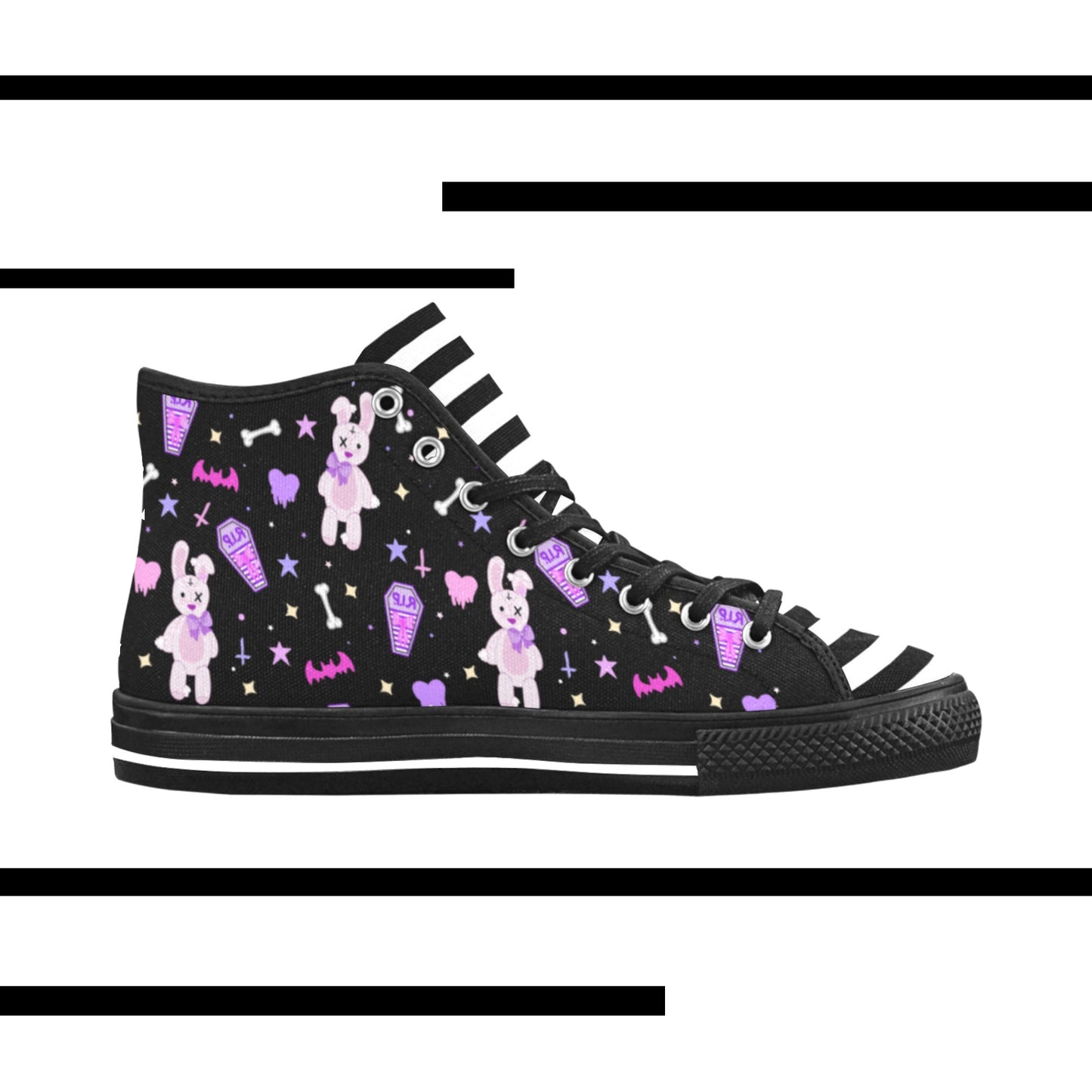 Close-up of Yume kawaii Pastel Goth Bunny shoes with displayed on a smooth white surface