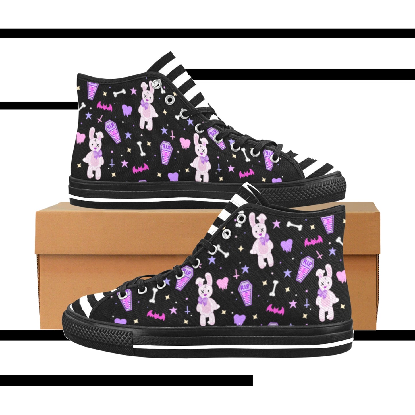 Close-up of Yume kawaii Pastel Goth Bunny shoes with displayed on a smooth white surface
