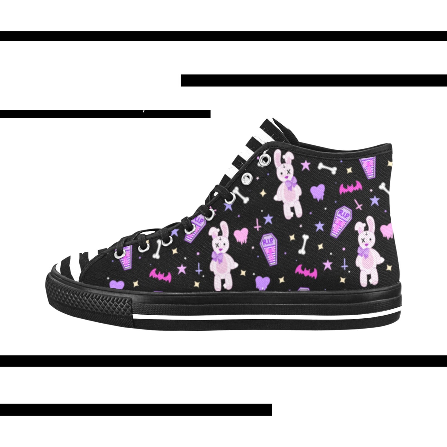 Close-up of Yume kawaii Pastel Goth Bunny shoes with displayed on a smooth white surface