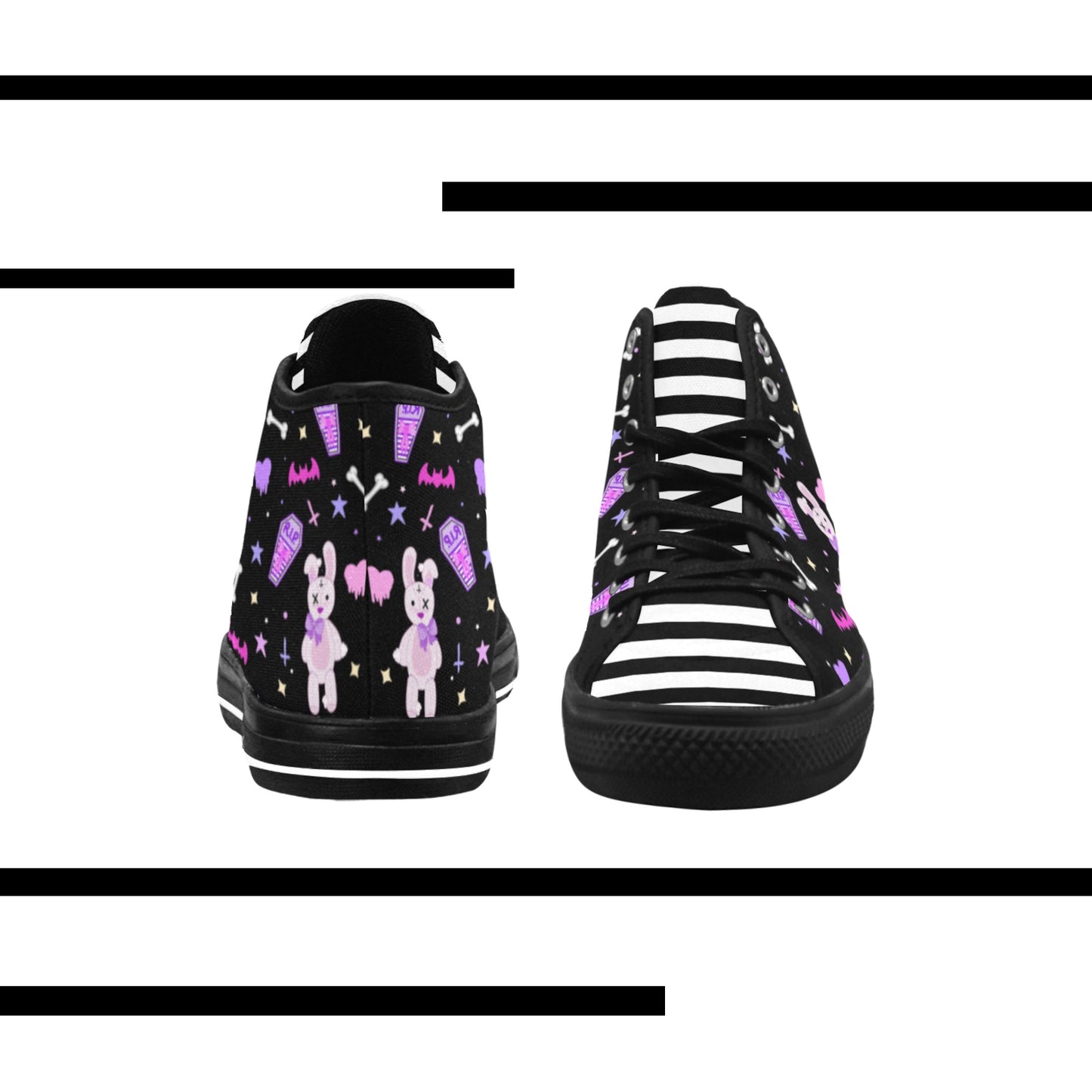 Close-up of Yume kawaii Pastel Goth Bunny shoes with displayed on a smooth white surface