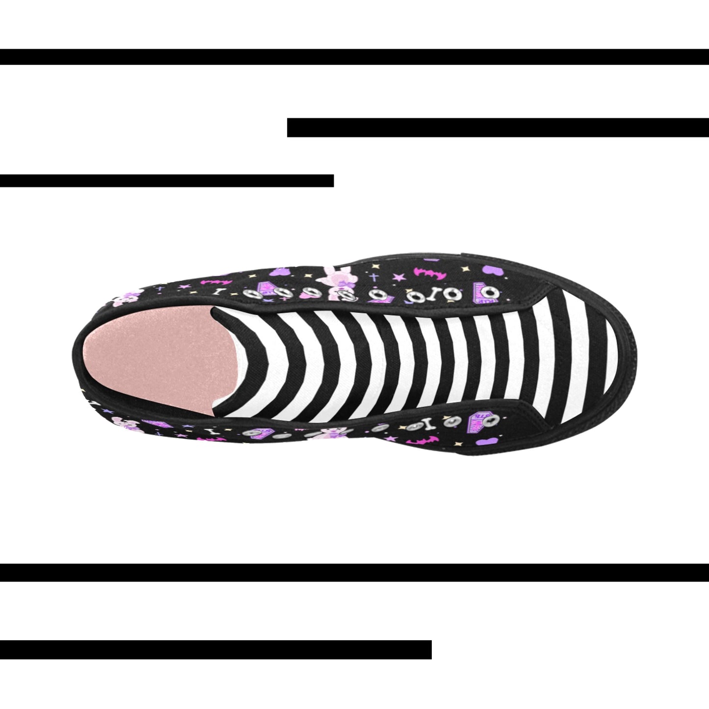 Close-up of Yume kawaii Pastel Goth Bunny shoes with displayed on a smooth white surface