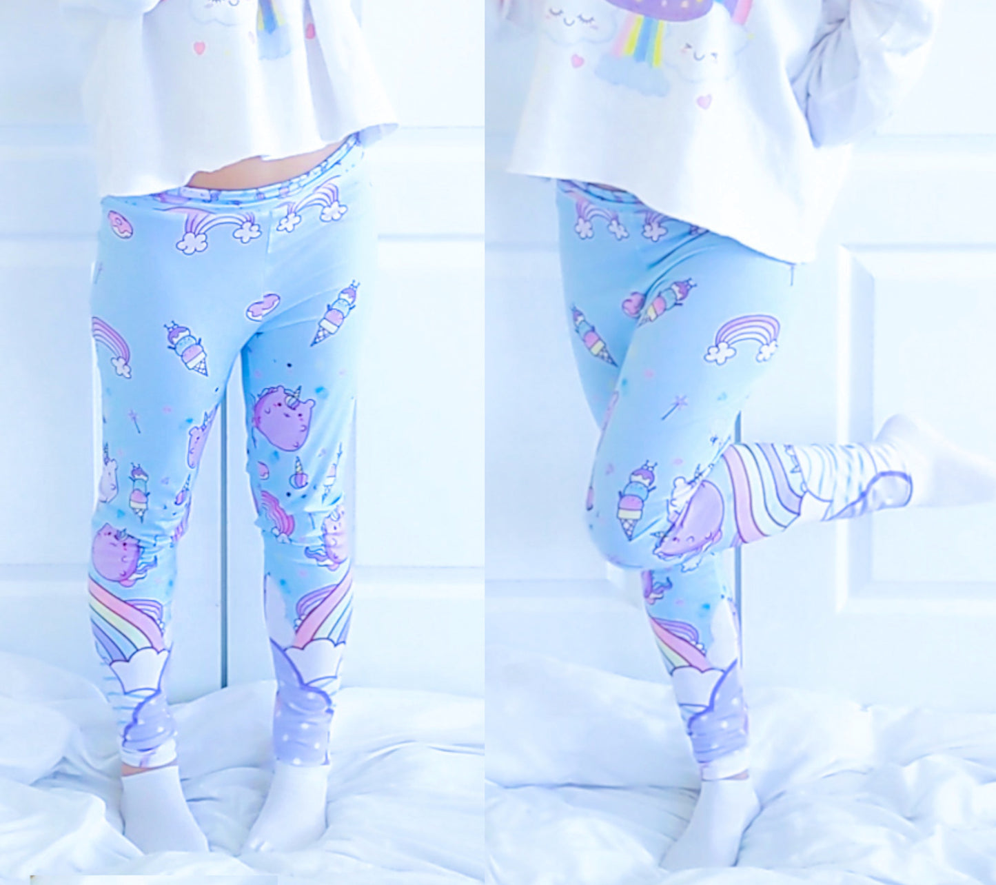 Youthful model wearing cute yume kawaii rainbow cloud cat leggings