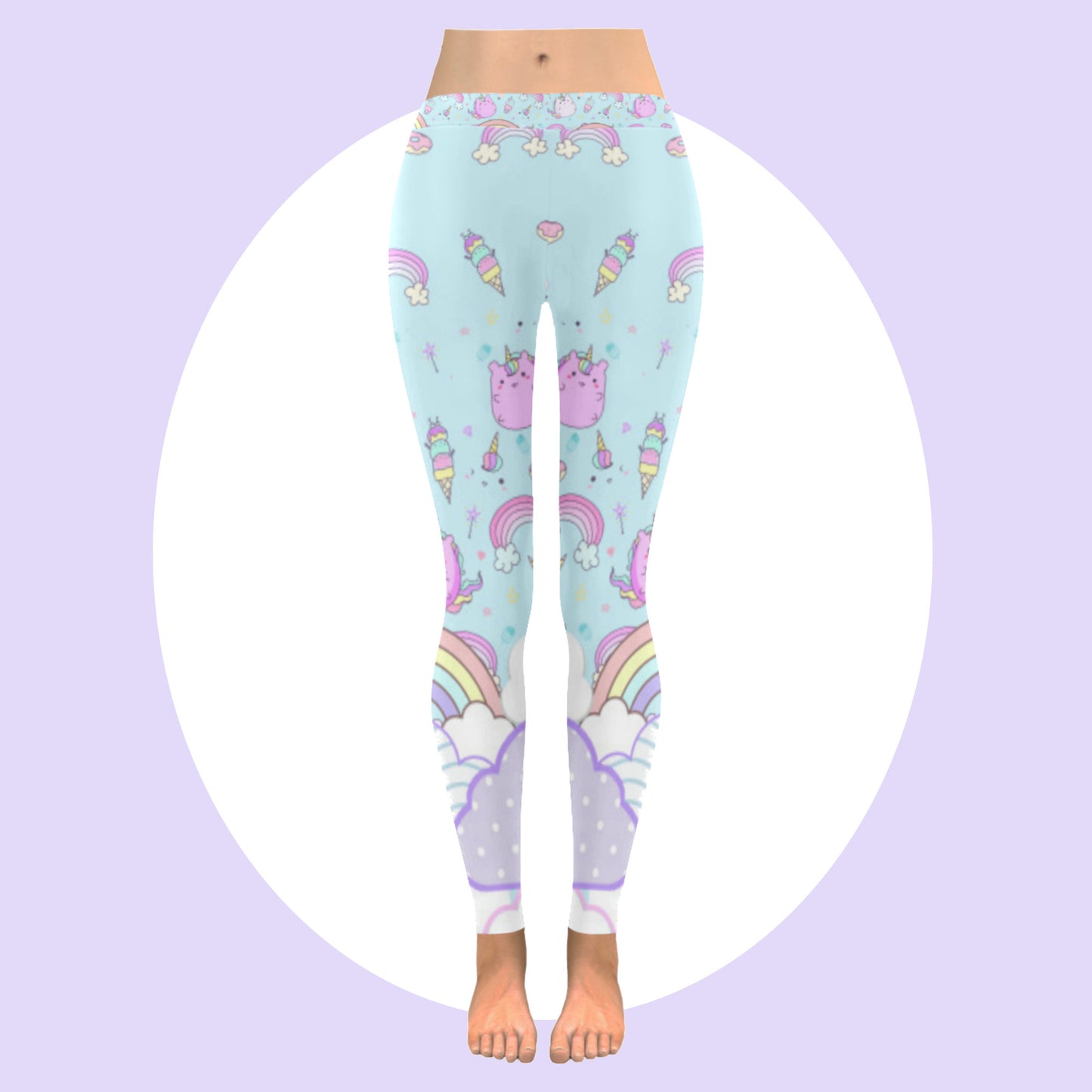 Yume kawaii rainbow cloud cat leggings displayed on a white background