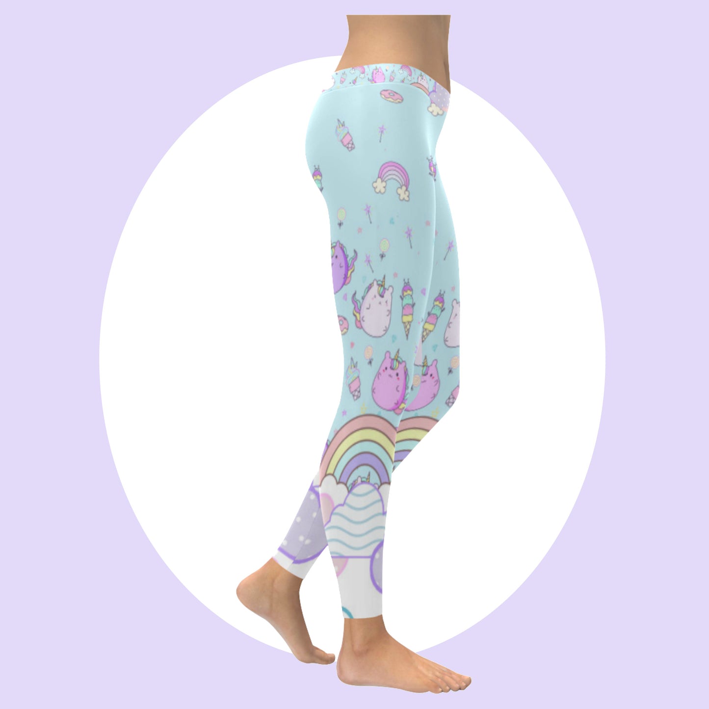 Yume kawaii rainbow cloud cat leggings displayed on a white background