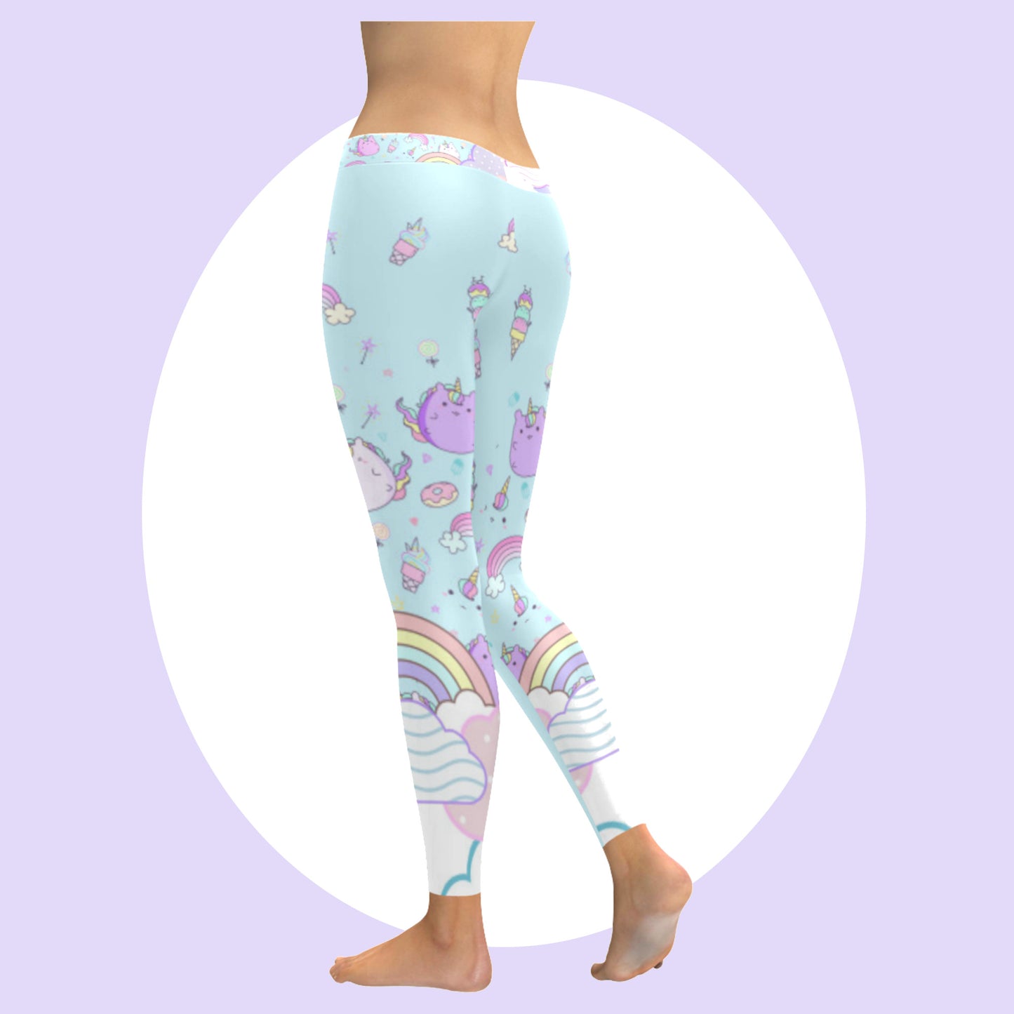 Yume kawaii rainbow cloud cat leggings displayed on a white background