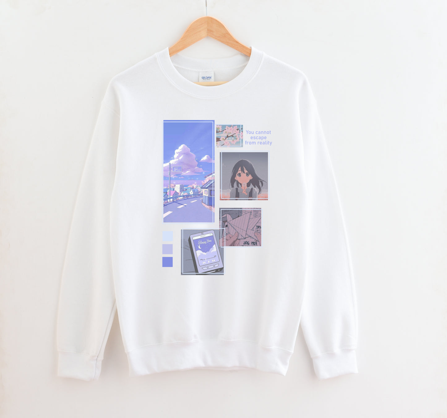 White kawaii sweat shirt displayed on clean white background.