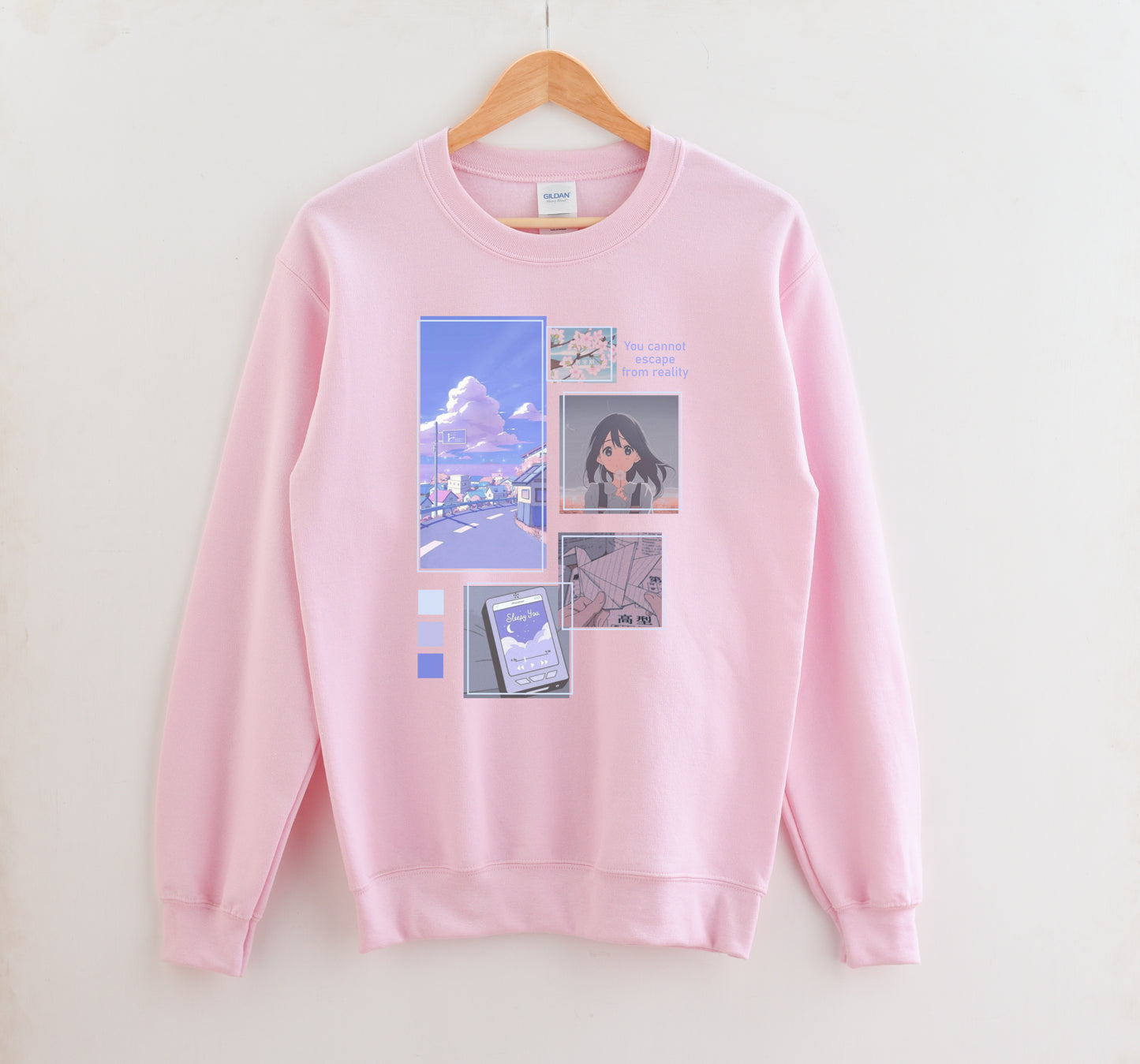 Pink kawaii sweat shirt displayed on clean white background.