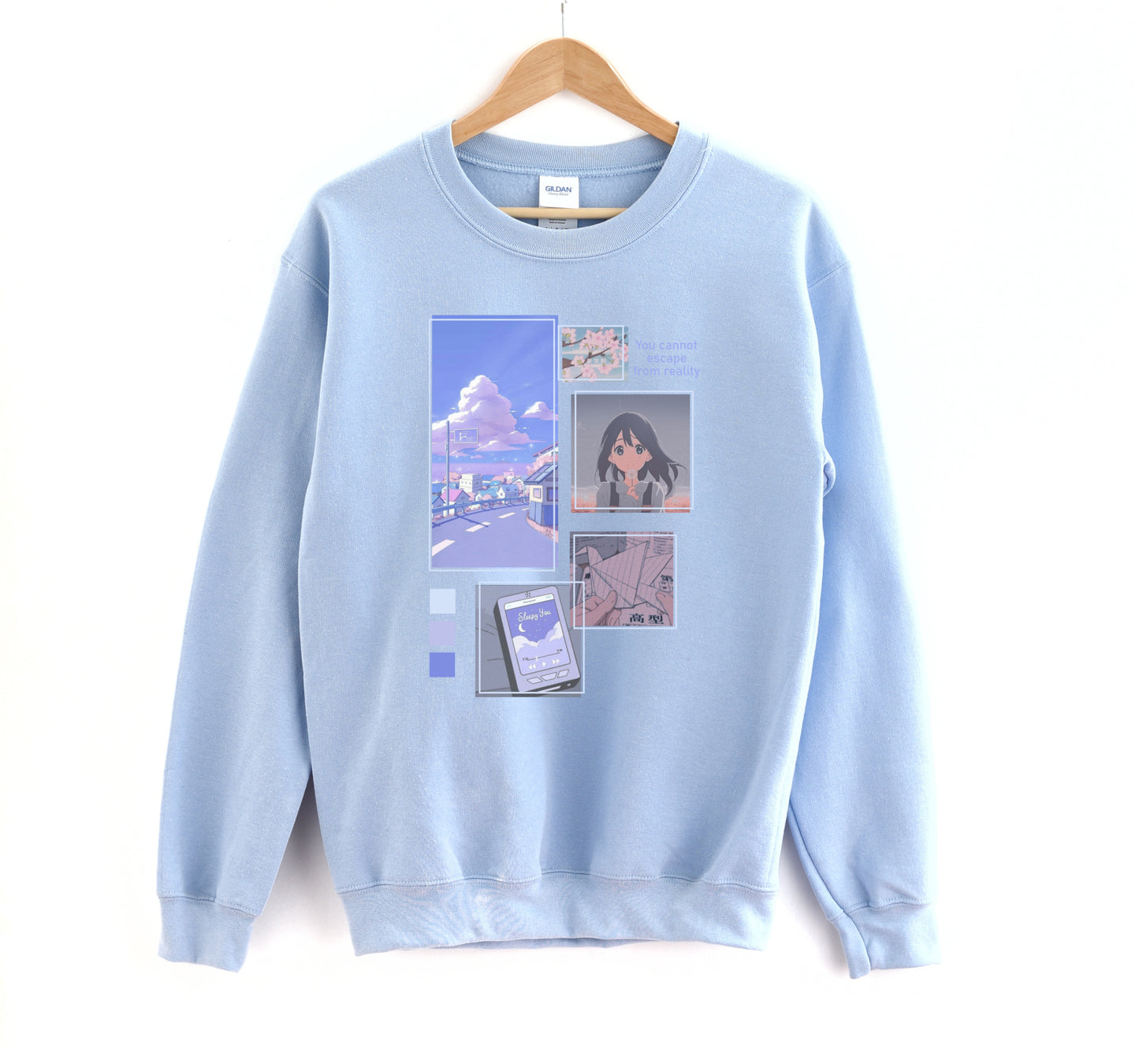 Blue kawaii sweat shirt displayed on clean white background.