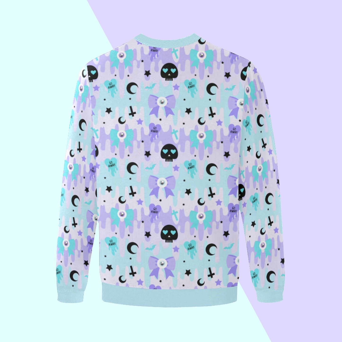 pastel goth blue kawaii oversized sweatshirt with cute creepy skull bow design displayed on pastel background.