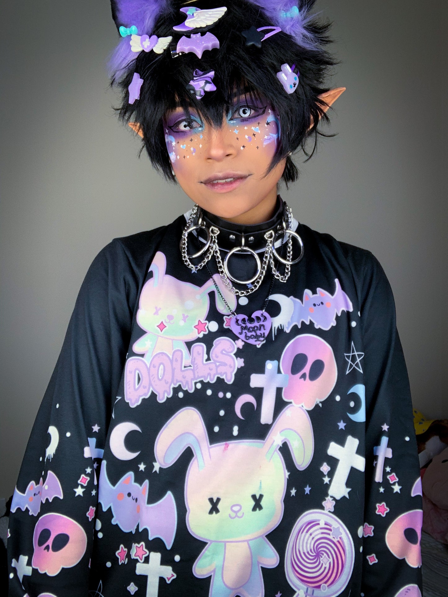 Youth model wearing a kawaii goth sweatshirt
