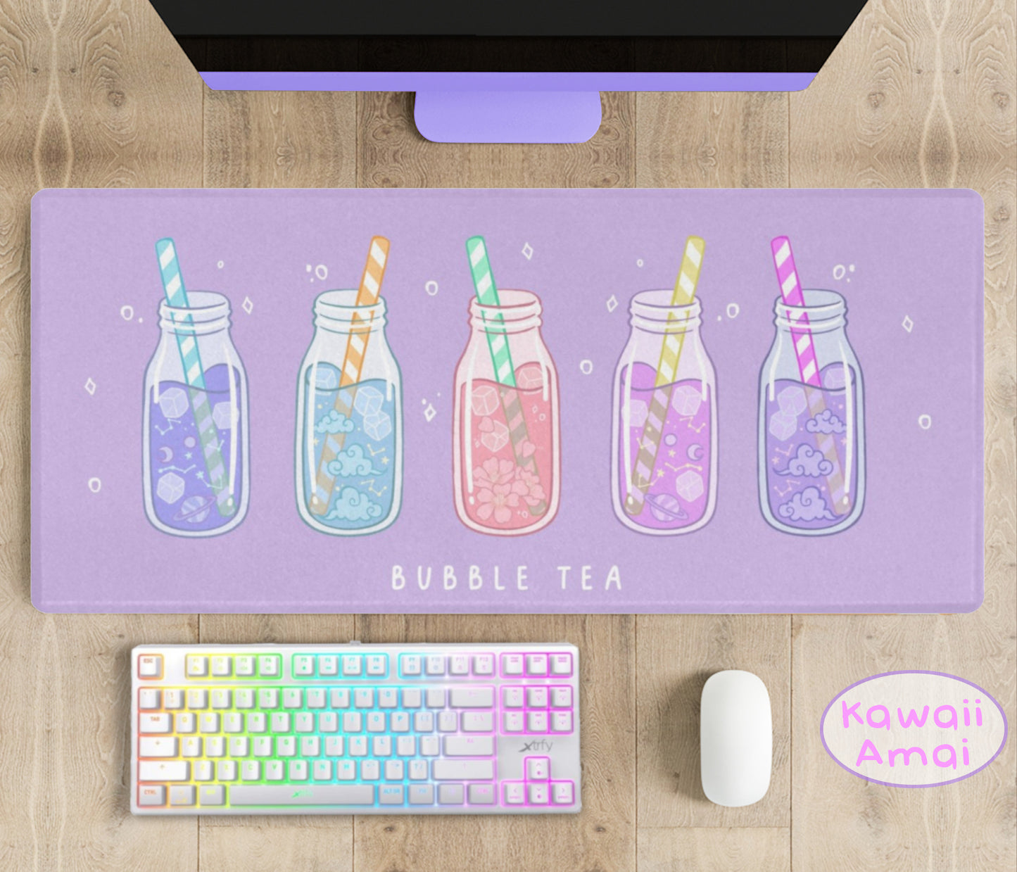 Pastel kawaii desk mat with charming motifs and cozy aesthetic