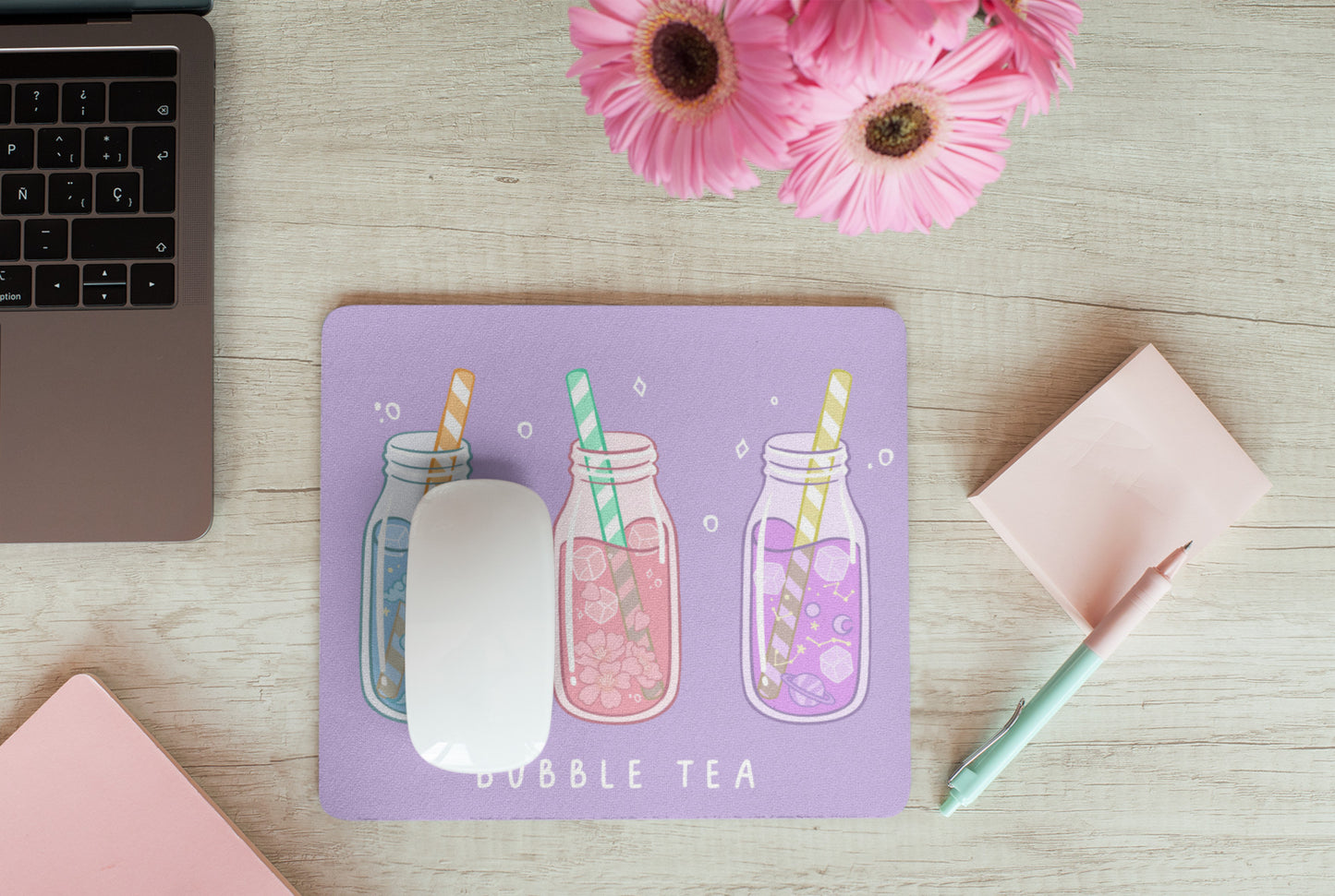 Pastel kawaii desk mat with charming motifs and cozy aesthetic