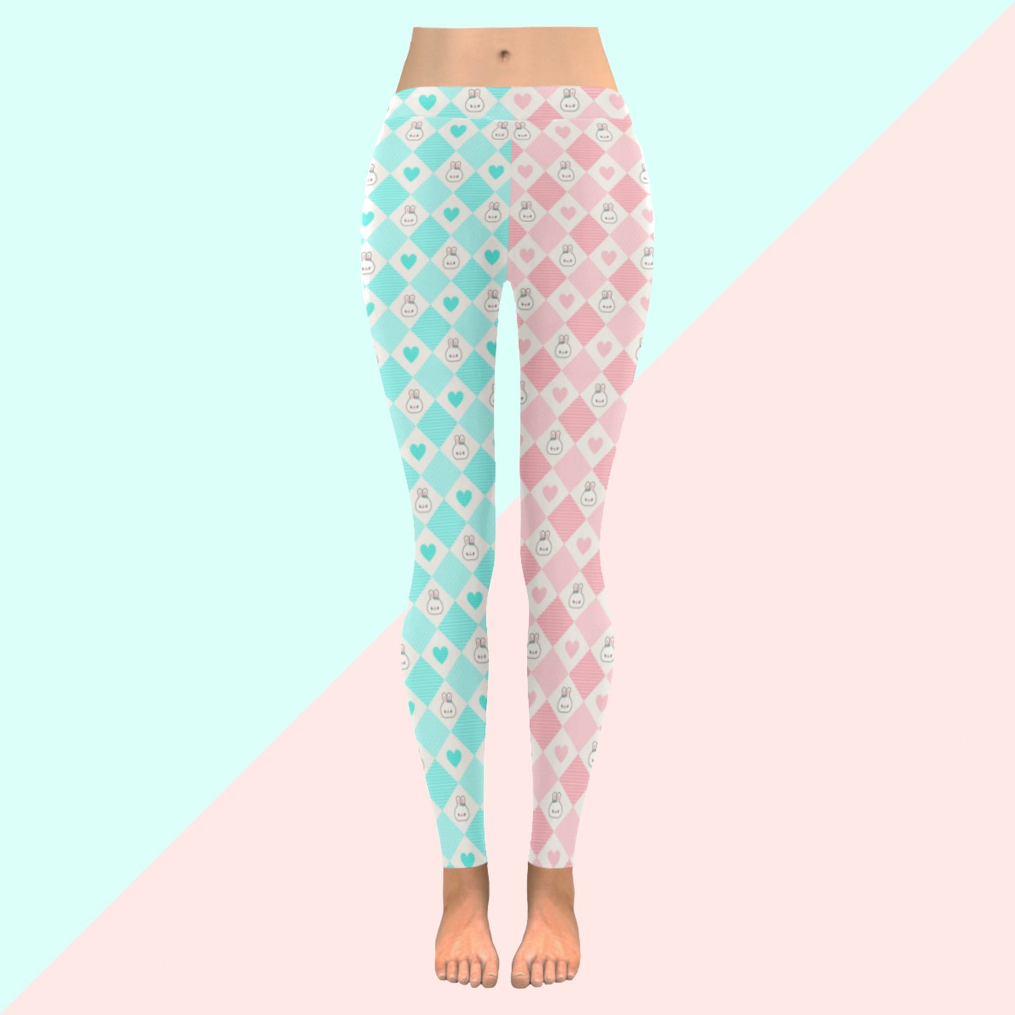 Youthful model wearing cute bunny kawaii leggings in pastel colours on pink and blue background