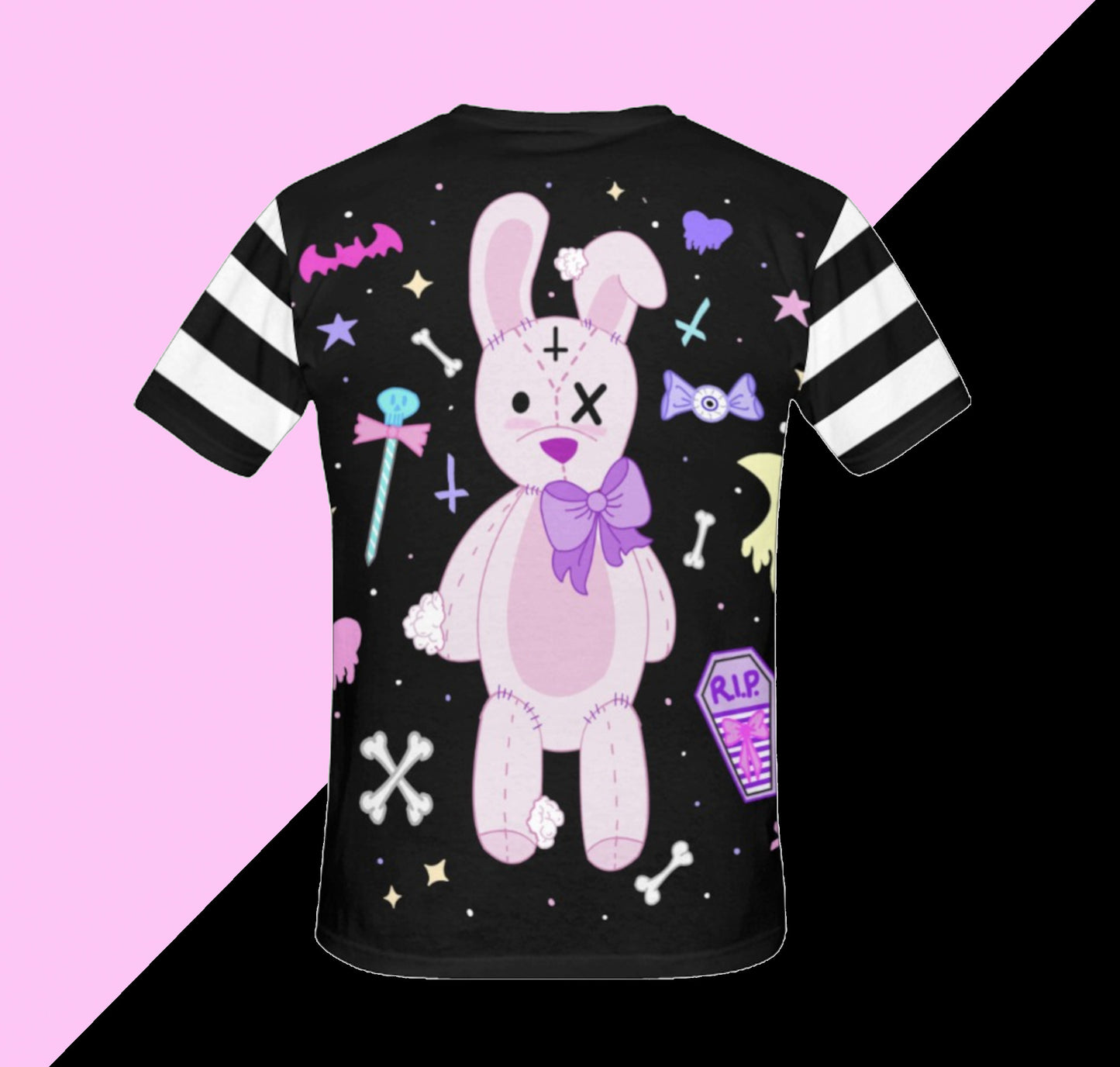 bunny kawaii pastel goth t-shirt displayed on pink and black background.