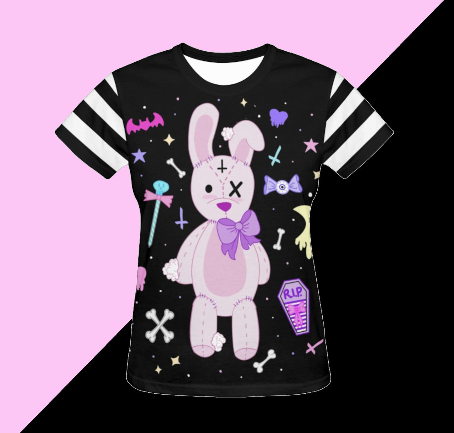 bunny kawaii pastel goth t-shirt displayed on pink and black background.