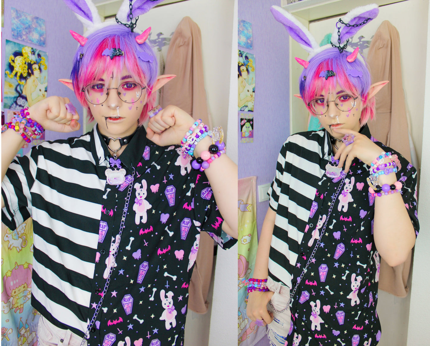 Youth model wearing a kawaii pastel goth shirt