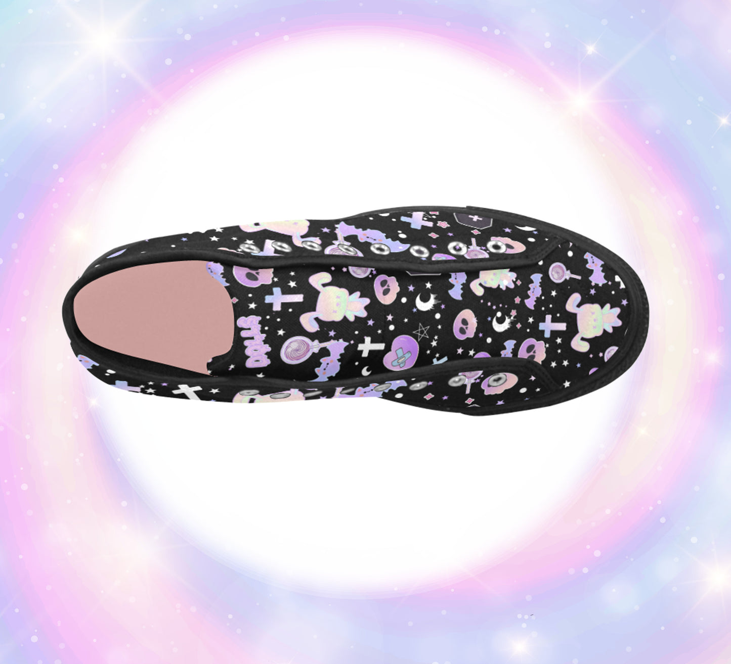 Close-up of cute pastel-colored shoes with decorative elements, displayed on a colourful background