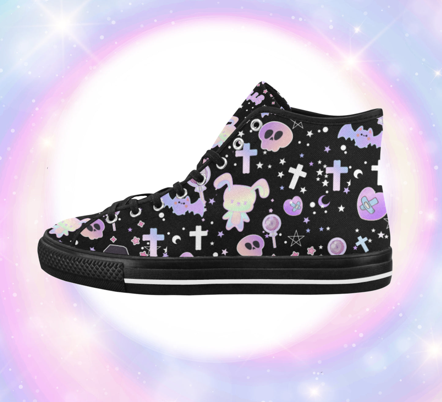 Close-up of cute pastel-colored shoes with decorative elements, displayed on a colourful background