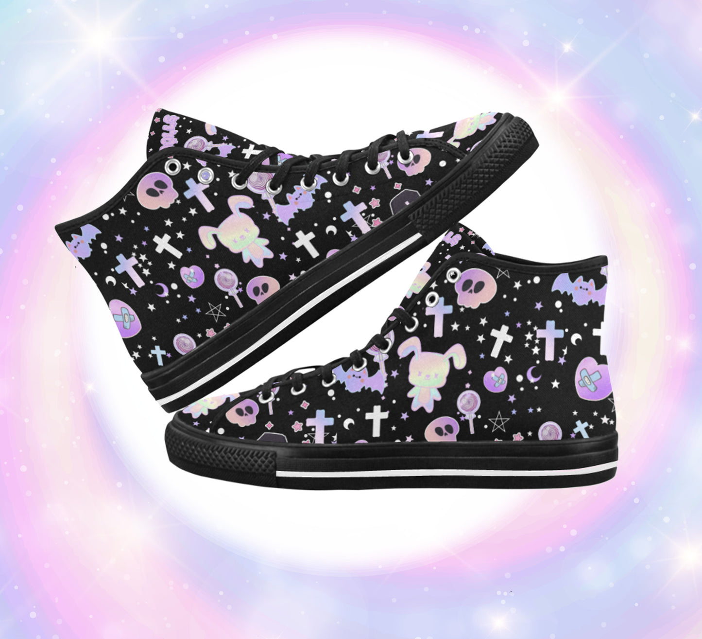 Close-up of cute pastel-colored shoes with decorative elements, displayed on a colourful background