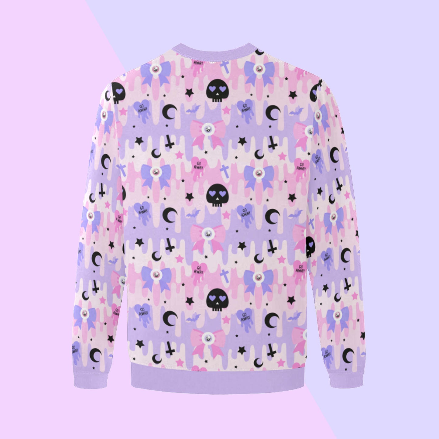 Pink , black and purple kawaii pastel goth sweatshirt displayed on purple background