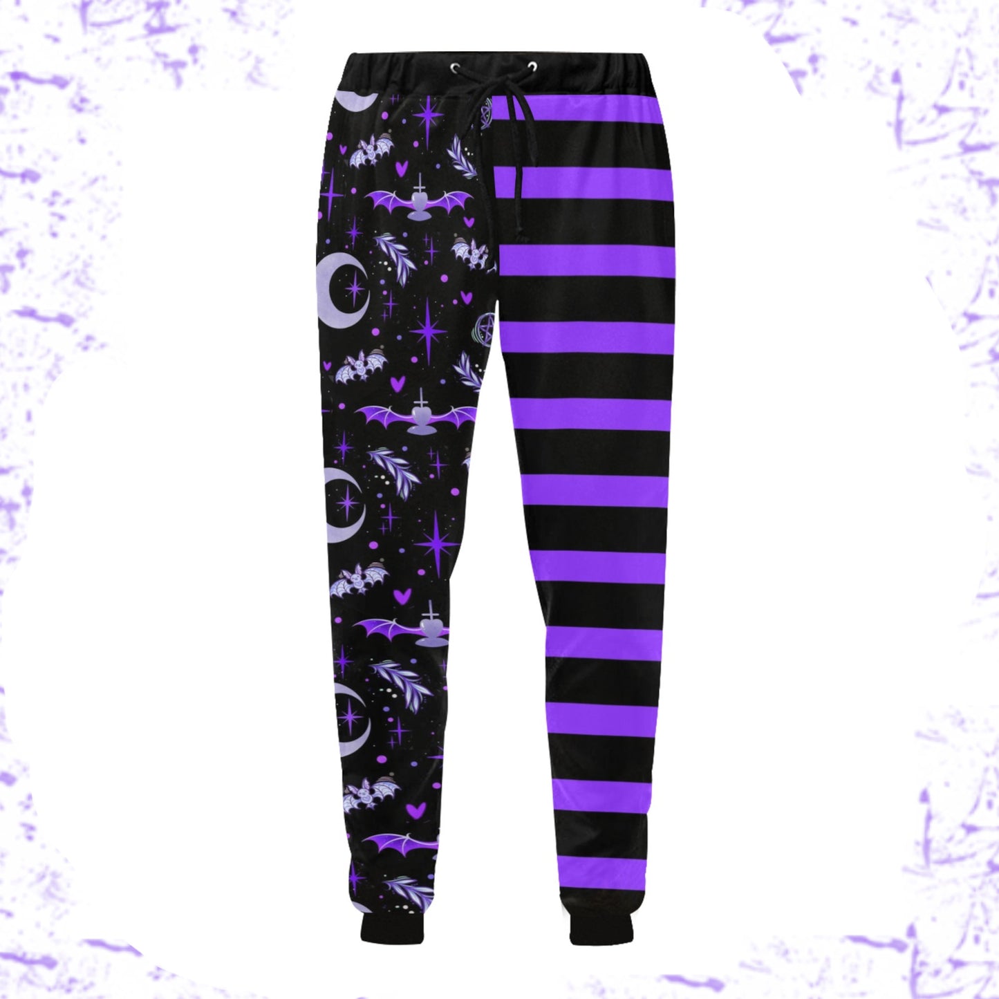 pastel goth joggers with black and purple colors and creepy cute bat and moon desing
