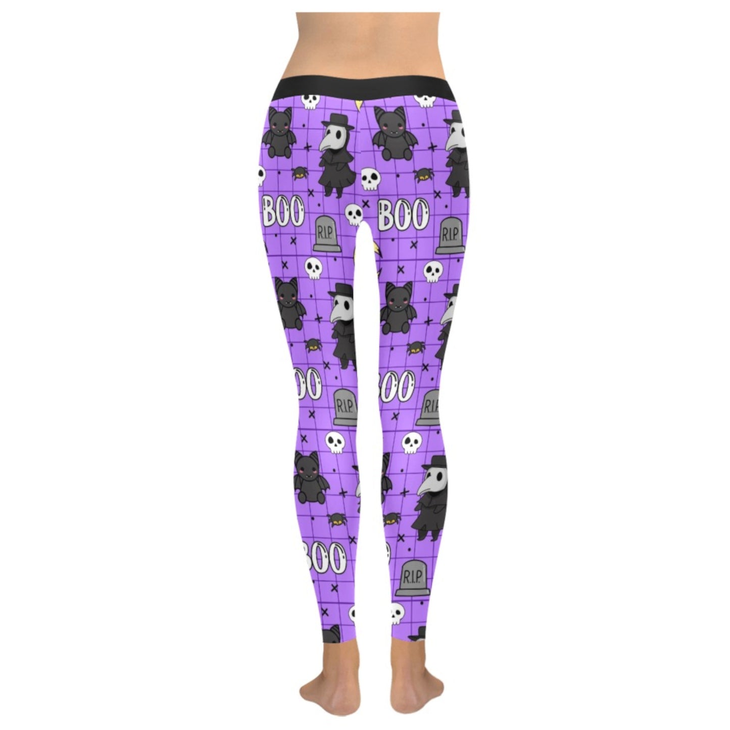 Purple leggings with Halloween-themed design on a white background