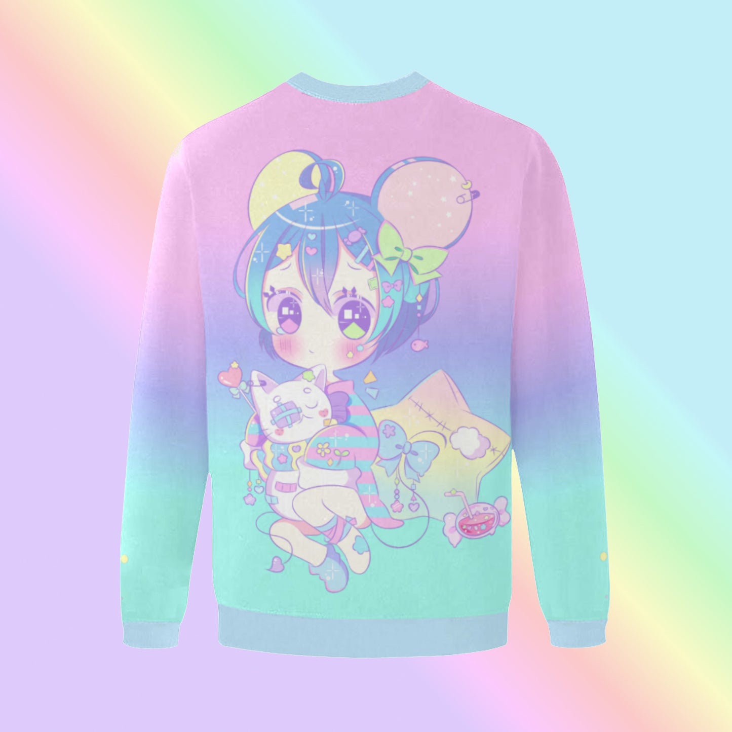 Yami kawaii sweatshirt with chibi print on rainbow background back
