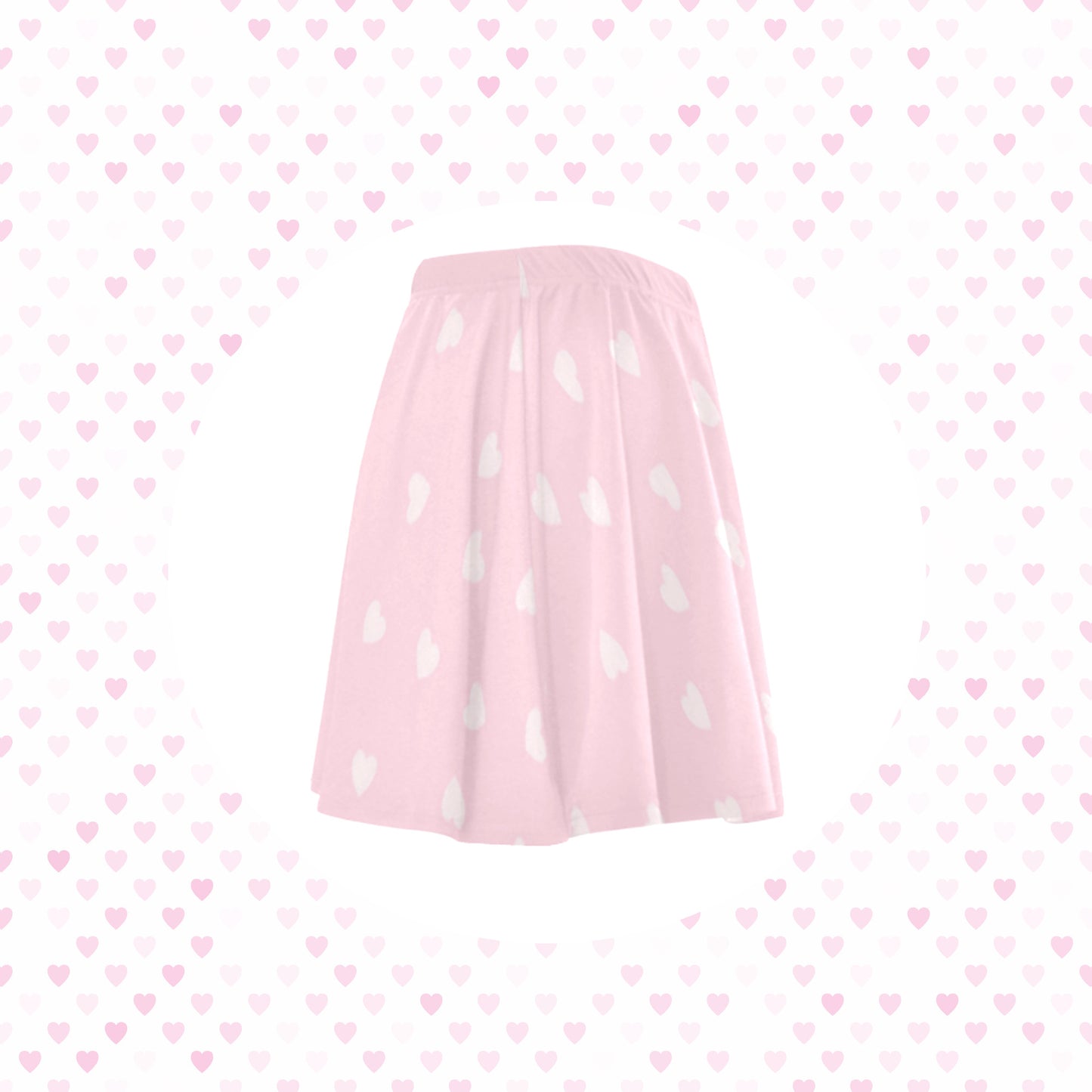 Pink kawaii skater skirt displayed on love-heart background