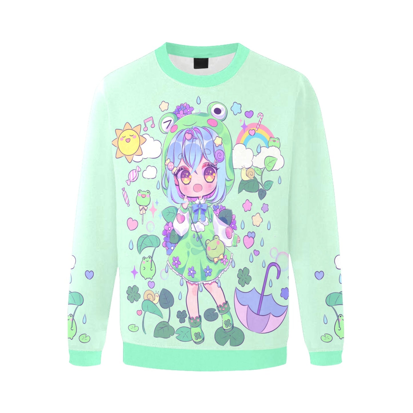Yami kawaii sweatshirt with chibi print on white background.