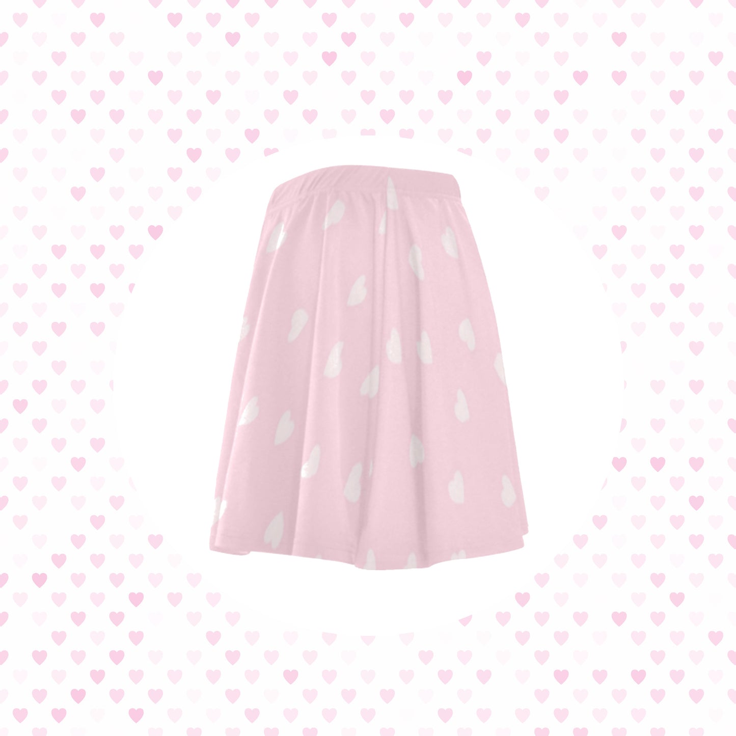 Pink kawaii skater skirt displayed on love-heart background